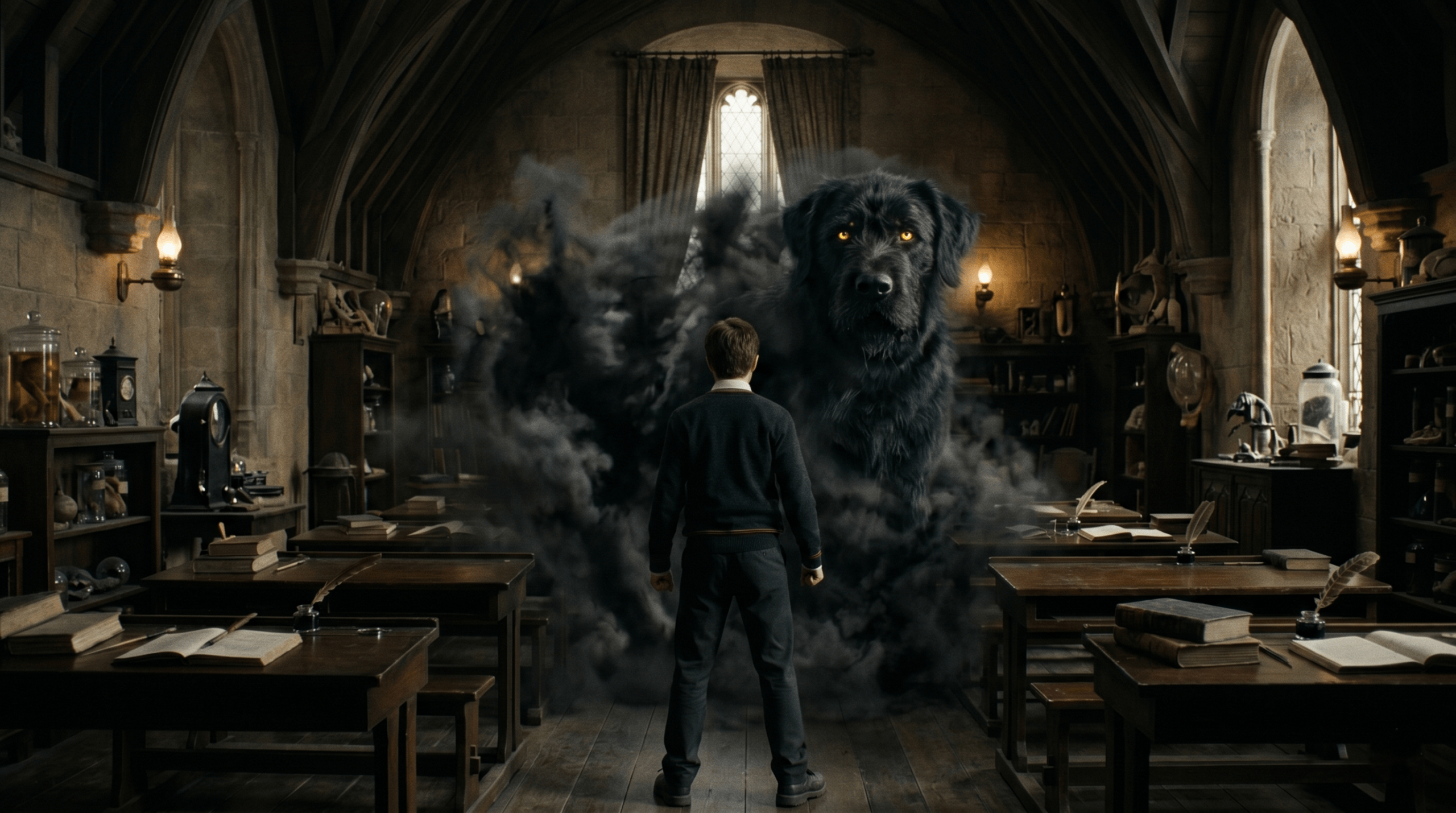 A Boggart transforming into the shape of The Grim of Harry Potter in a classroom scene.