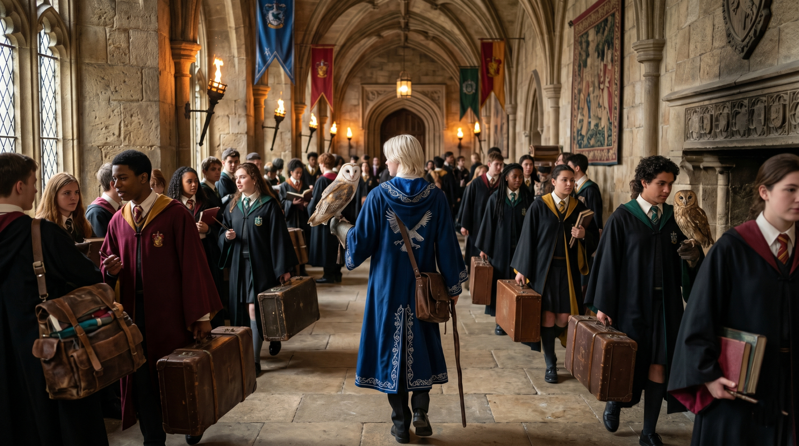 A blonde student wearing Ravenclaw robes carrying an owl through a crowded Hogwarts corridor.