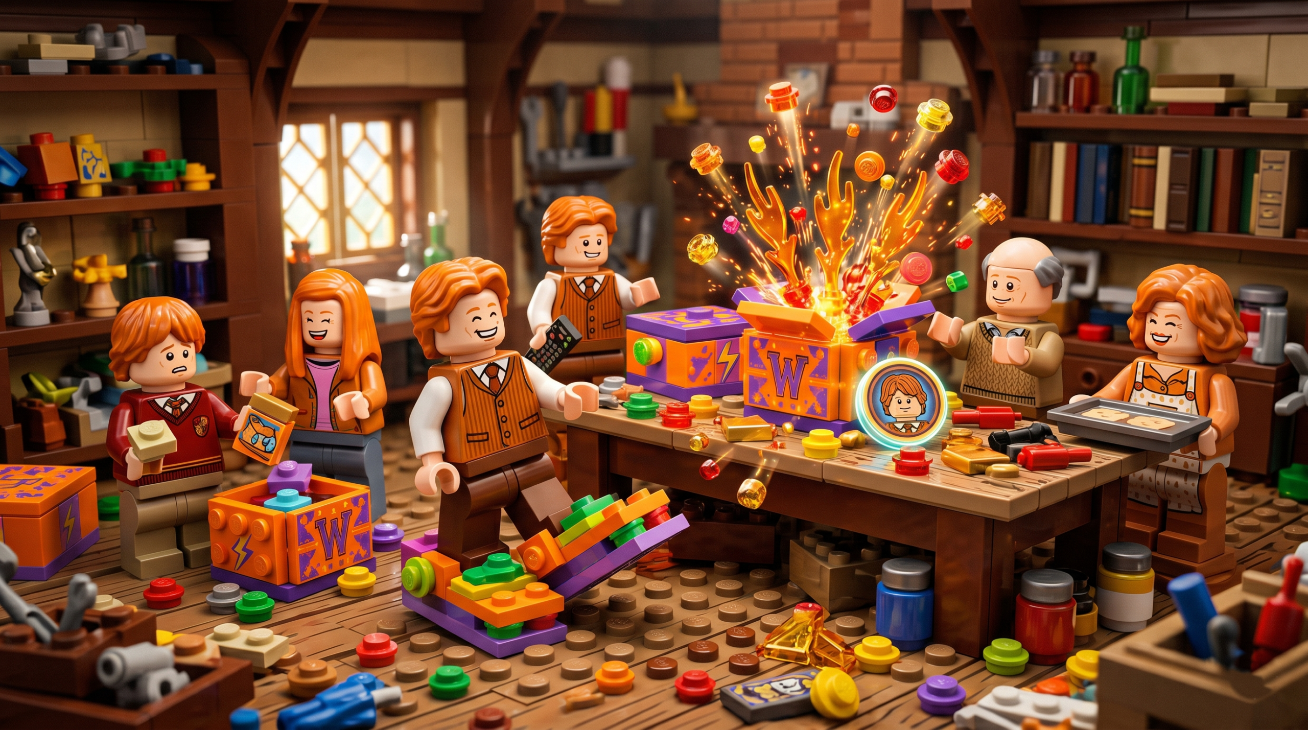 SEO-friendly image description: Dynamic LEGO Weasley family interaction scene in Burrow/Hogwarts for Harry Potter 5, 7 years walkthrough, showcasing multiple figures interacting with colorful Weasley Boxes, chaotic spell effects, scattered studs, and partially revealed hidden collectibles, emphasizing expert tips and unique abilities.