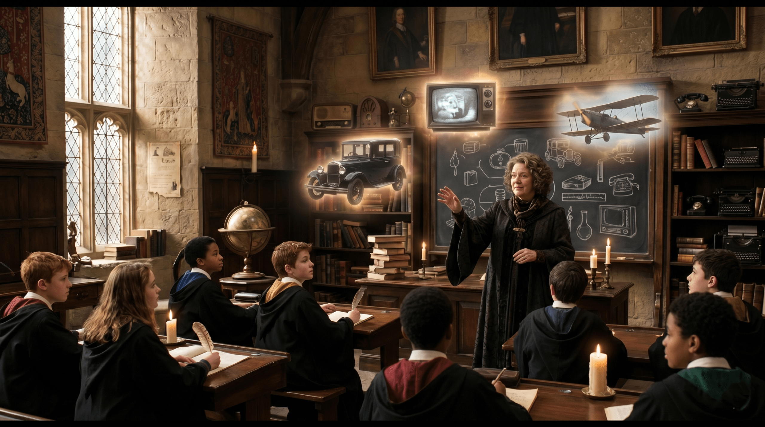 Charity Burbage teaching Muggle Studies class at Hogwarts with Muggle technology examples