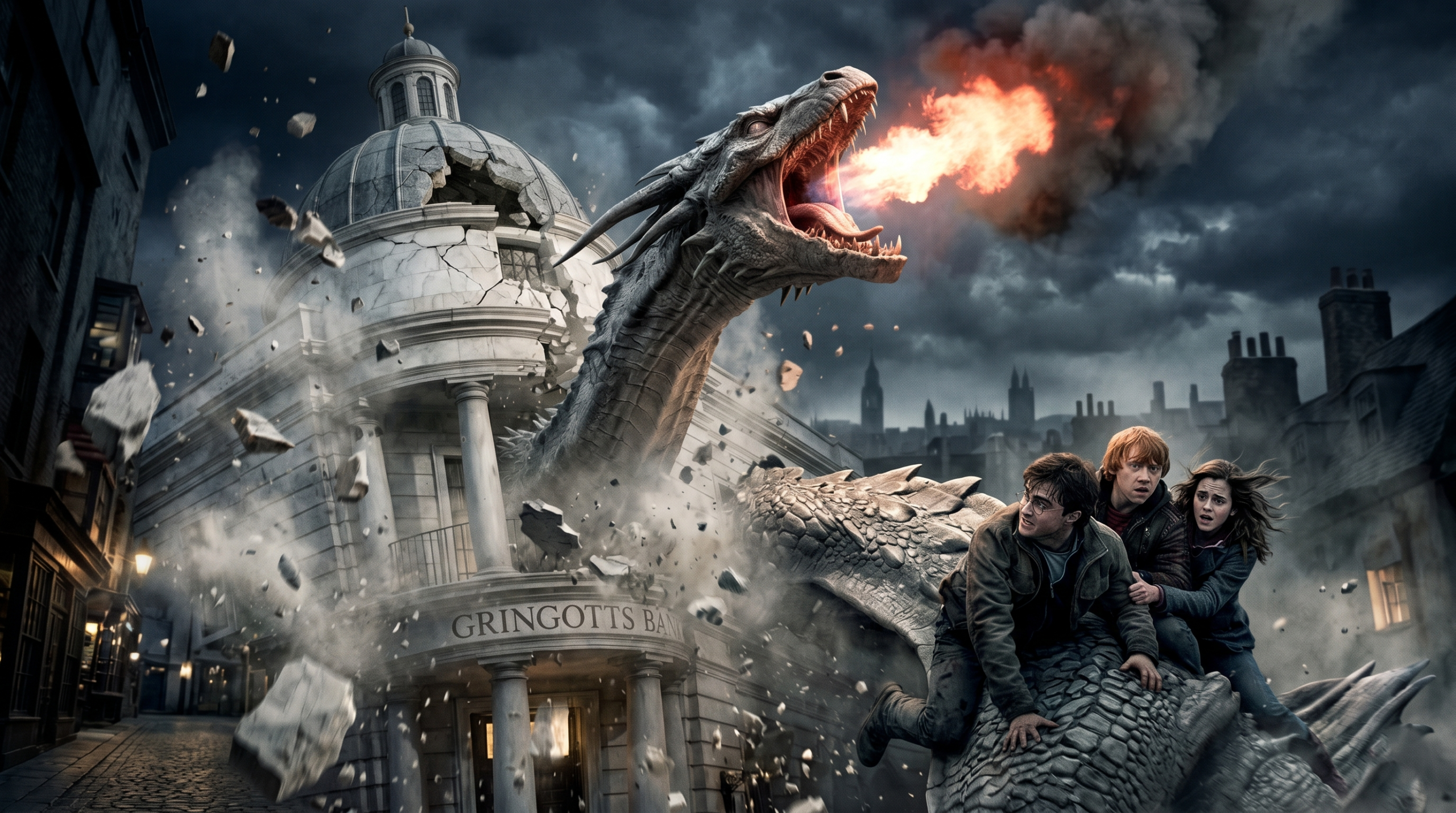 Harry Potter, Ron Weasley, and Hermione Granger escaping Gringotts bank on the back of the Ukrainian Ironbelly dragon, showcasing a major moment involving Dragon Riders in Harry Potter lore.