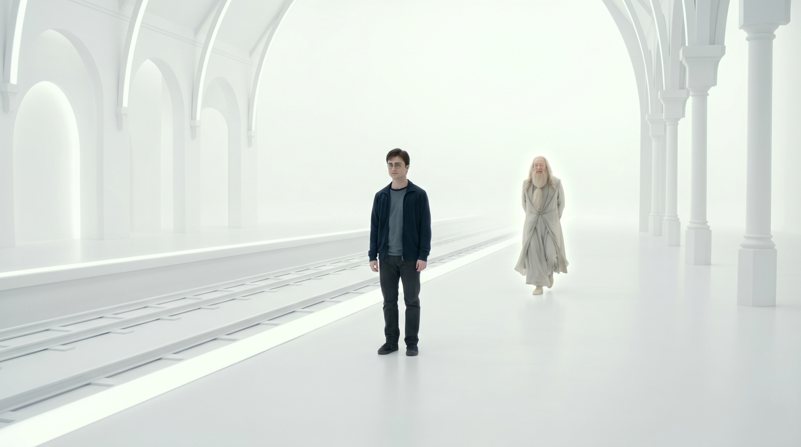 Harry Potter meeting the spectral form of Albus Dumbledore in the surreal limbo environment of King's Cross.