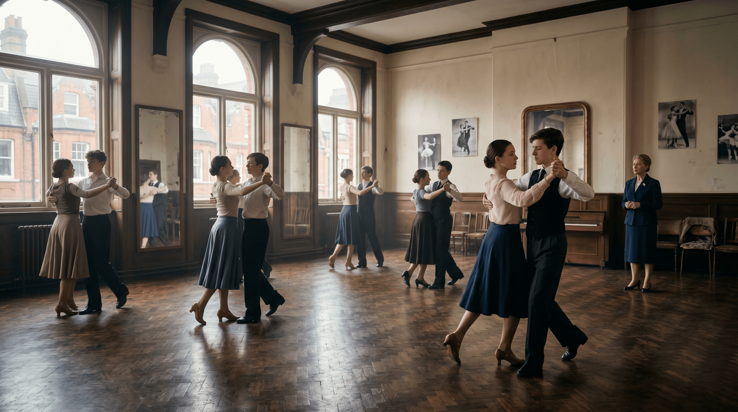 Young teenage dancers practicing strict ballroom dance routines inside a classic London dance studio.