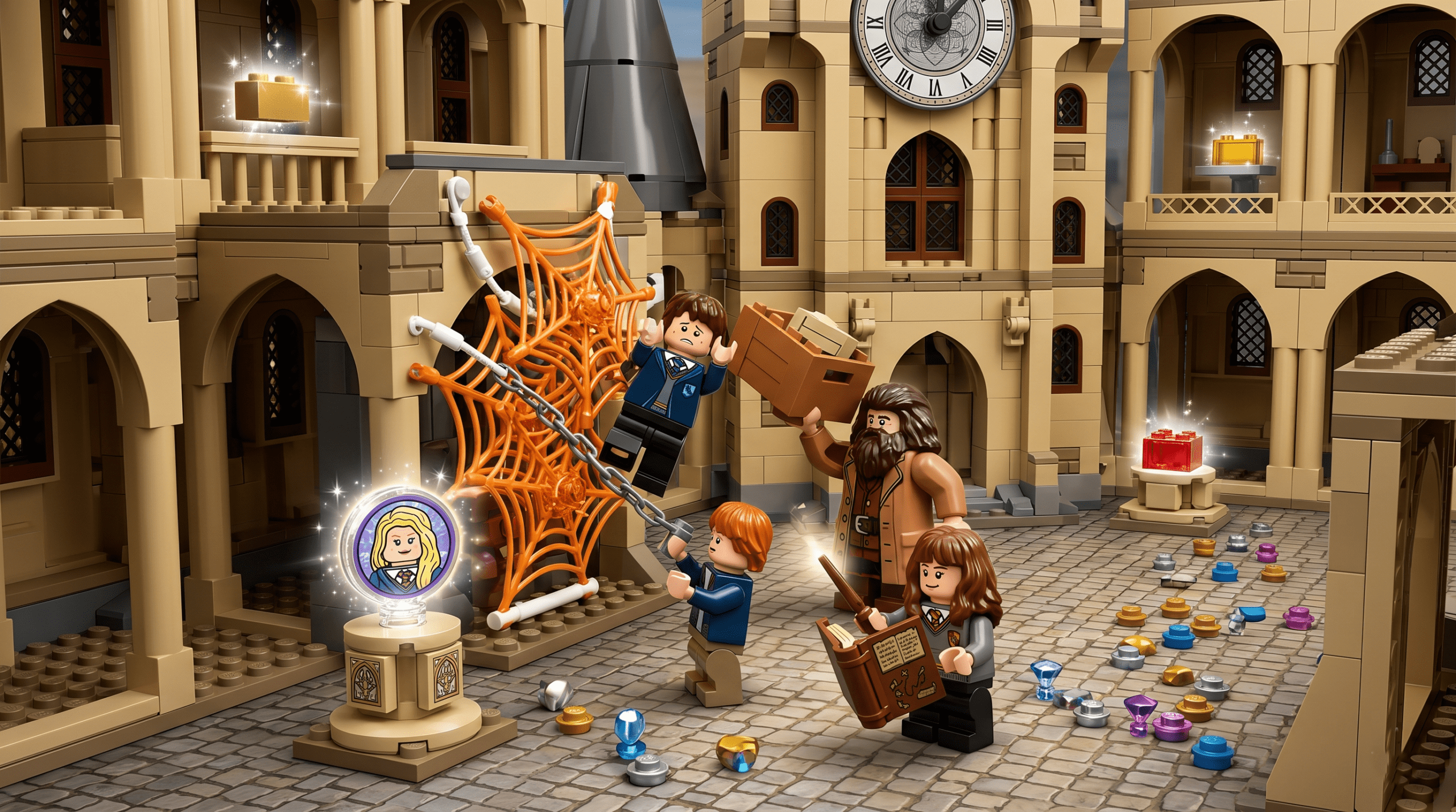 SEO-friendly image description: Detailed LEGO scene in Hogwarts for Harry Potter 5, 7 years walkthrough, showcasing characters rescuing a Student in Peril and finding a rare Character Token and Red Brick among countless collectibles, emphasizing exploration and 100% completion.