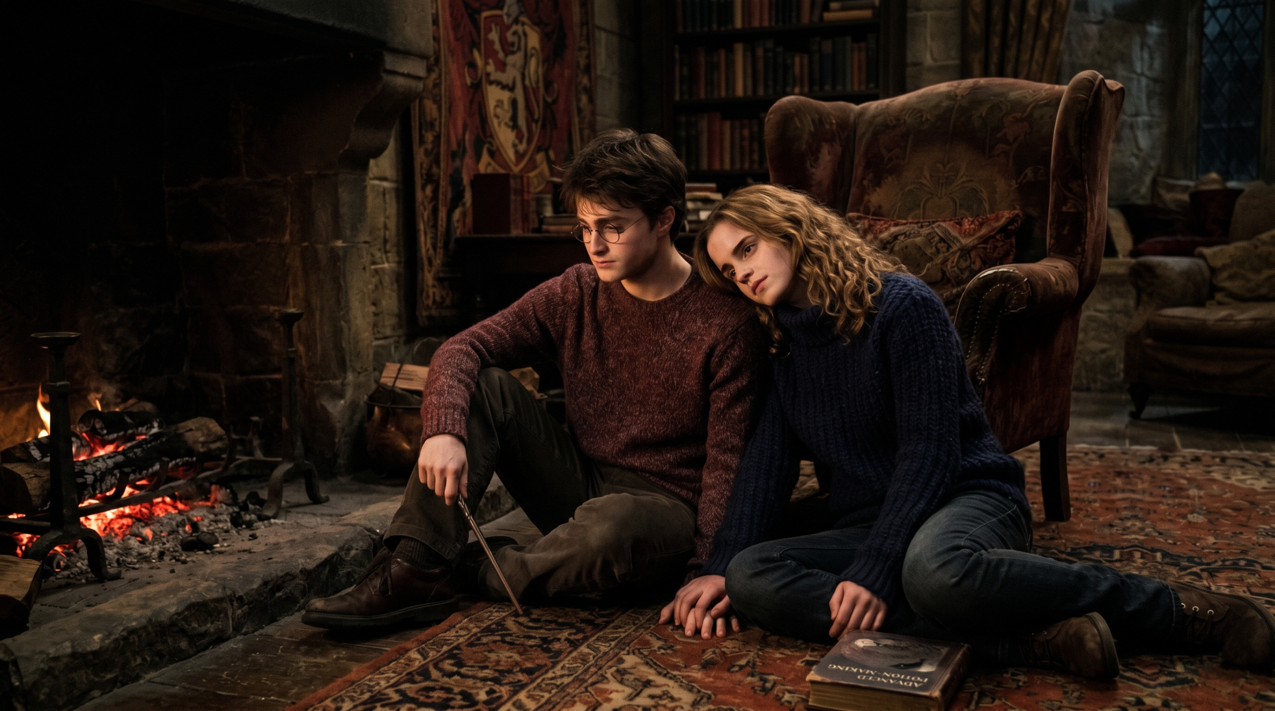 Teenage Harry and Hermione sitting by the common room fire late at night representing slow burn friends-to-lovers fanfiction themes.