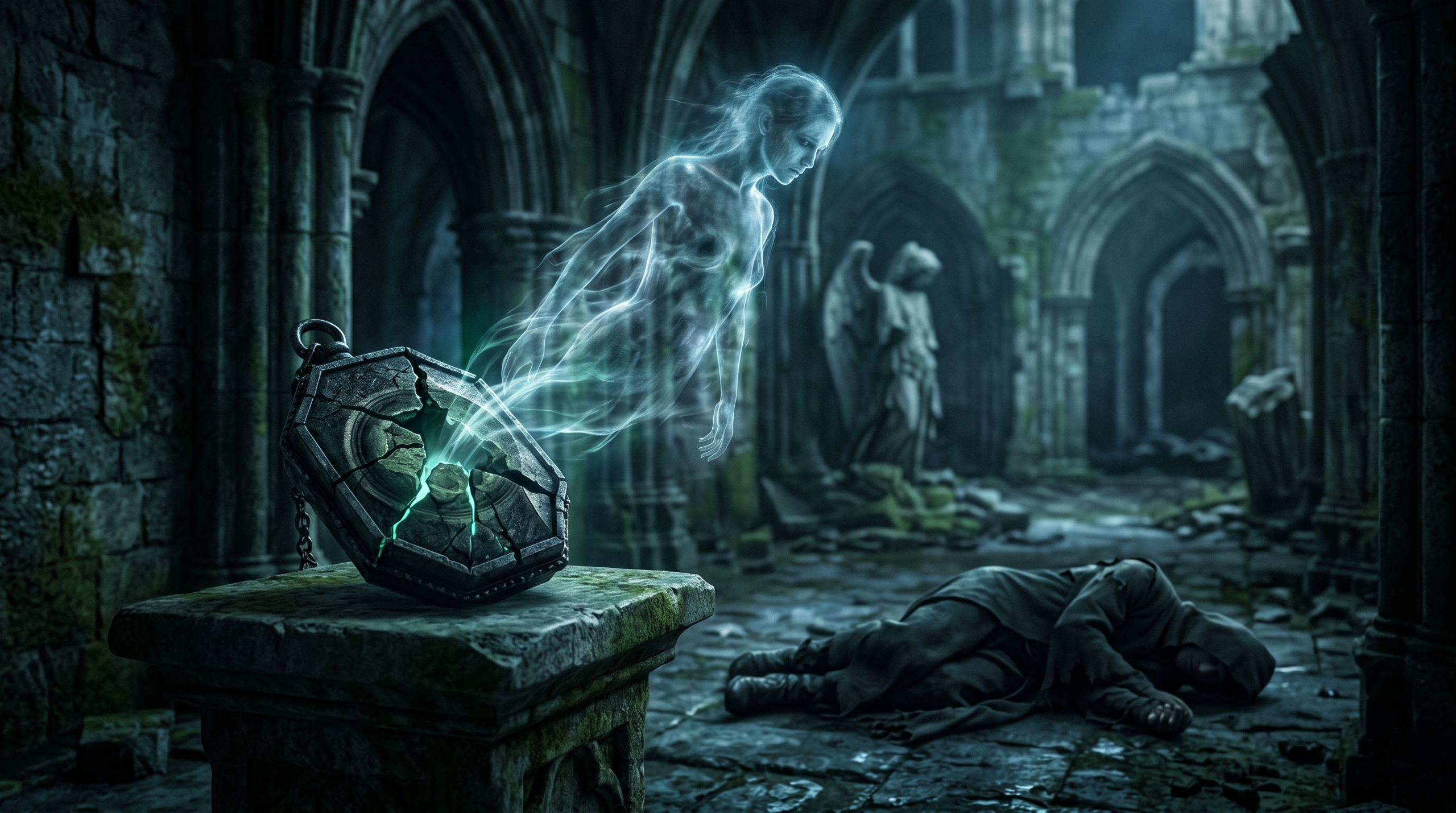 An ethereal spirit emerging from a broken Horcrux locket, representing survival after breaking an Unbreakable Vow.