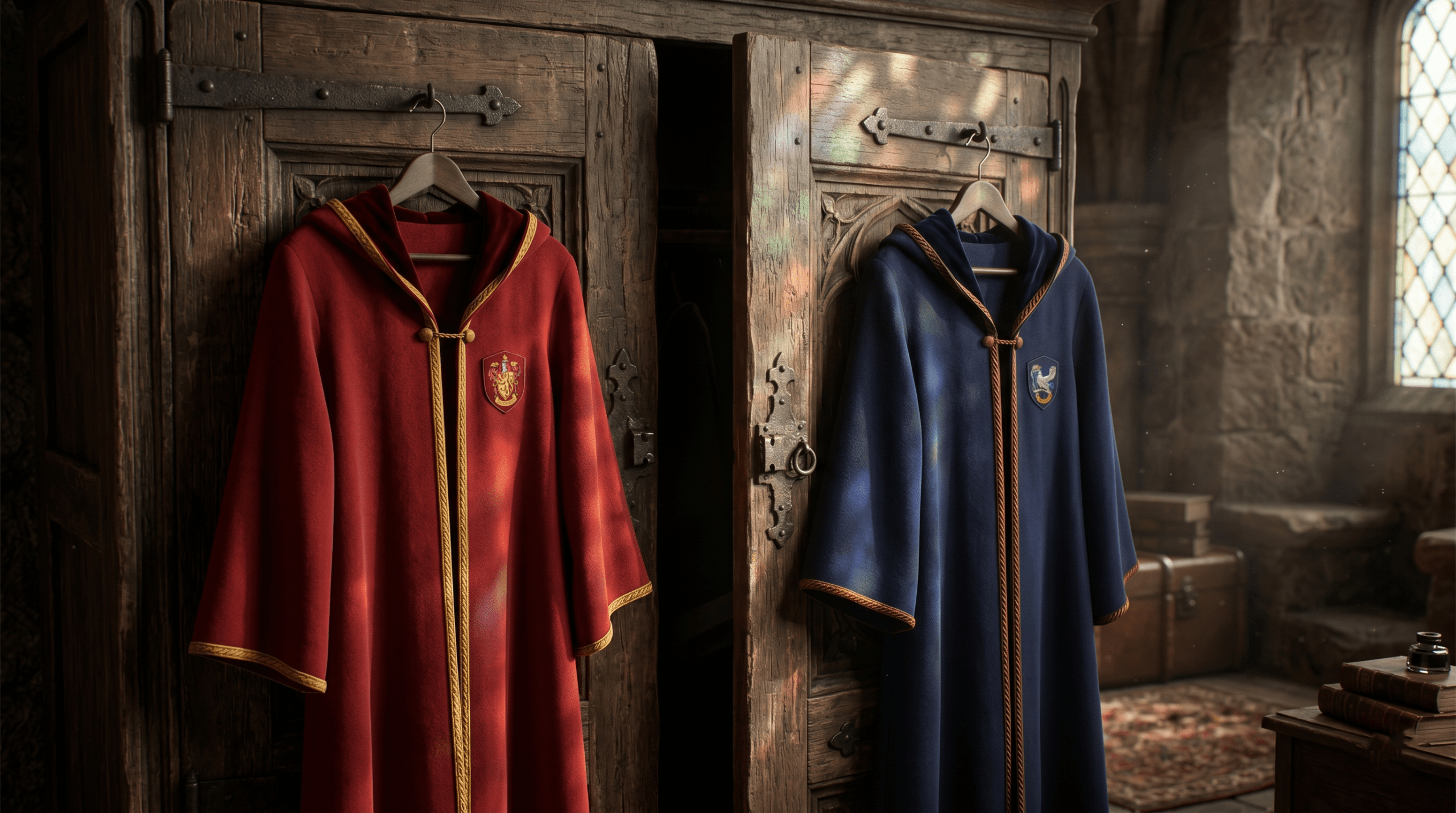 Gryffindor and Ravenclaw Hogwarts robes highlighting the Bem continuity error