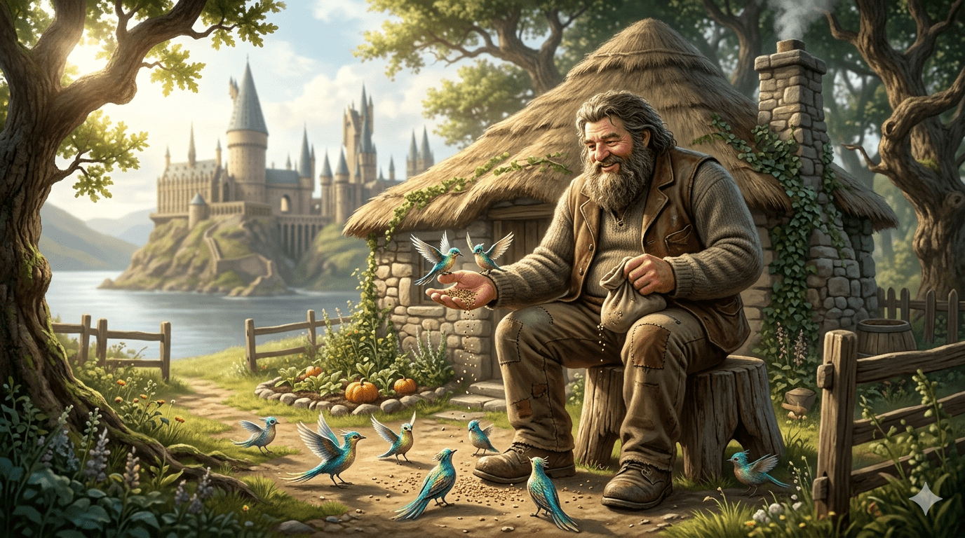 Hagrid happily teaching Care of Magical Creatures outside his hut after surviving the wizarding war.