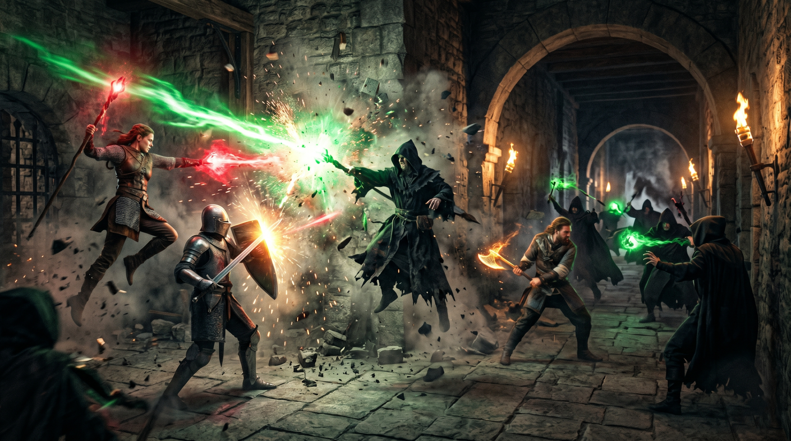 The omitted Battle of the Astronomy Tower showing the Order of the Phoenix engaged in a fierce magical duel with invading Death Eaters.