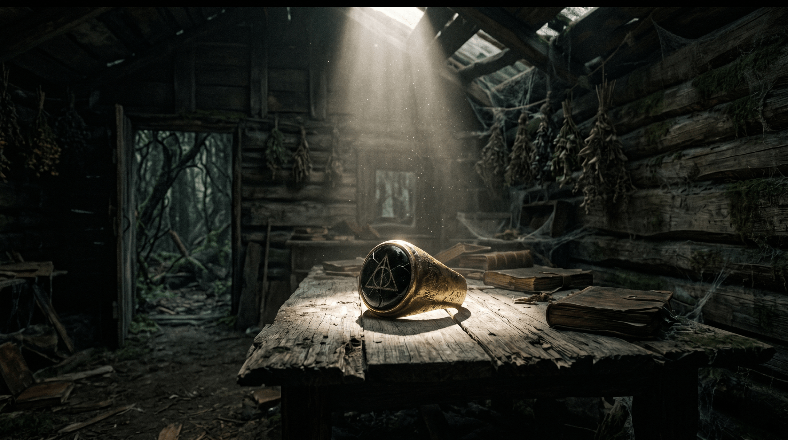 The Peverell family ring containing the Resurrection Stone resting on a table inside the dark and dilapidated House of Gaunt.