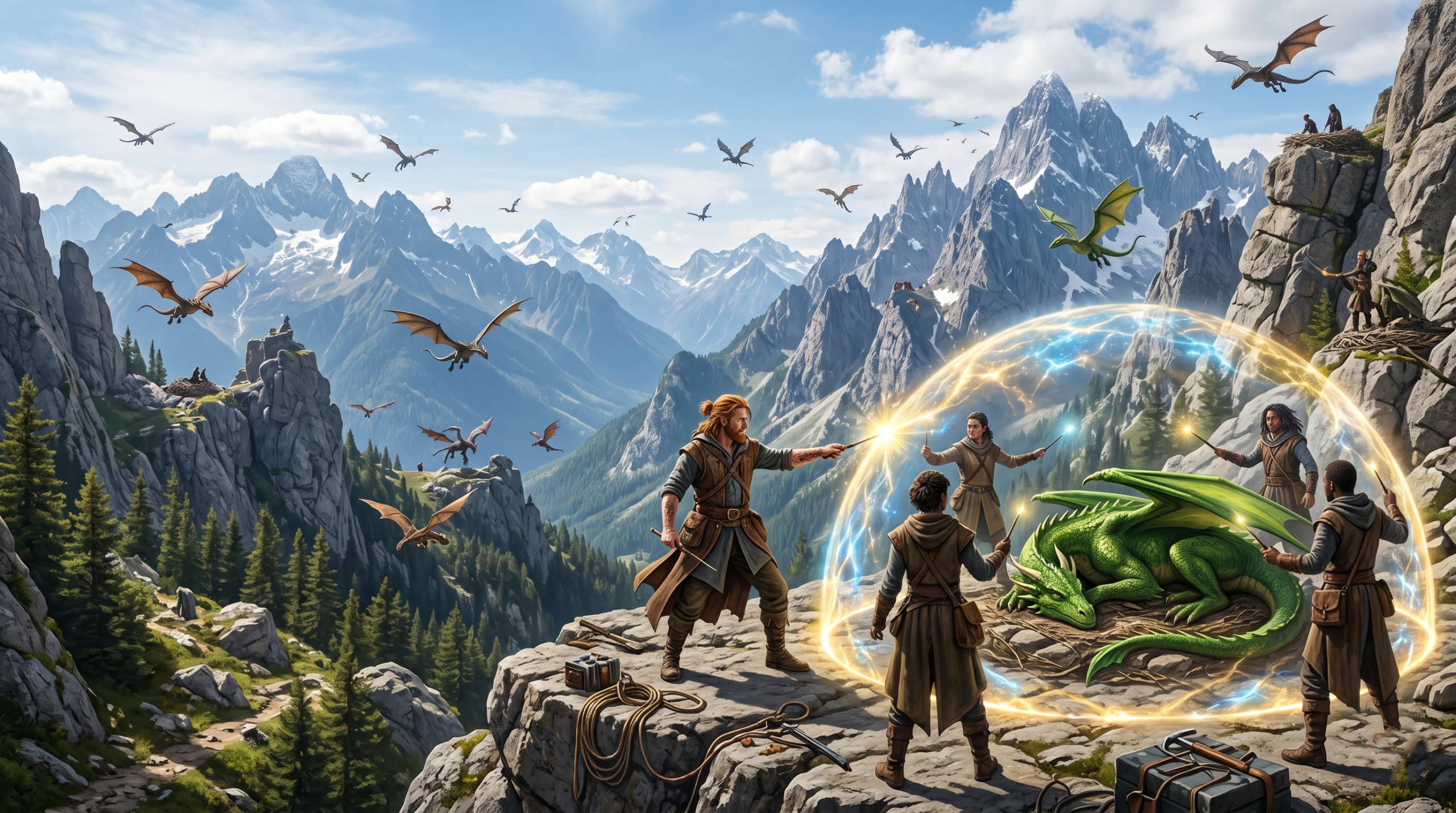 Wizard Dragonologists, including a Charlie Weasley figure, managing a dragon from a distance at the Romanian Dragon Sanctuary, illustrating professional expertise on Harry Potter dragons.