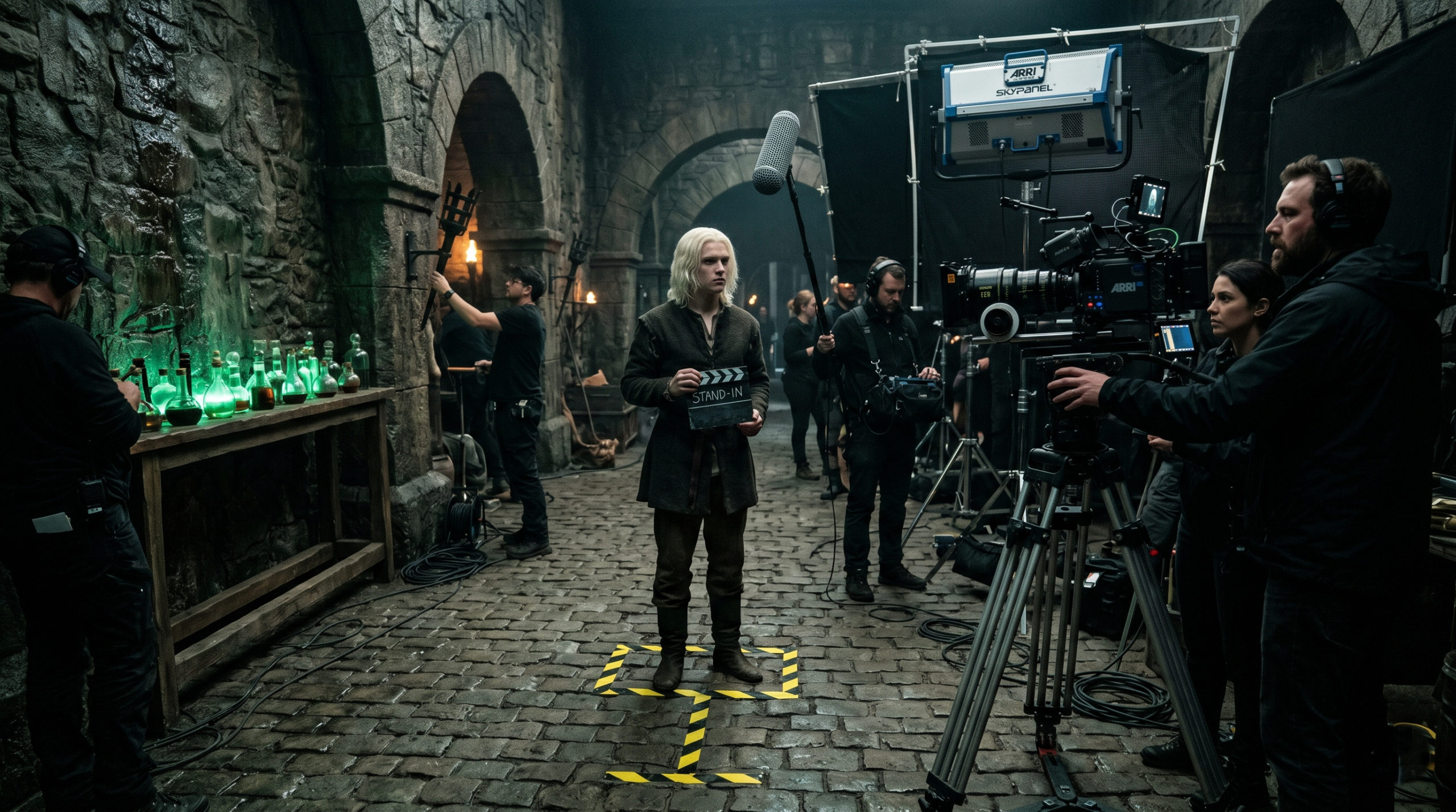 A blonde male stand-in actor waiting on a dimly lit film set surrounded by heavy lighting and camera equipment.