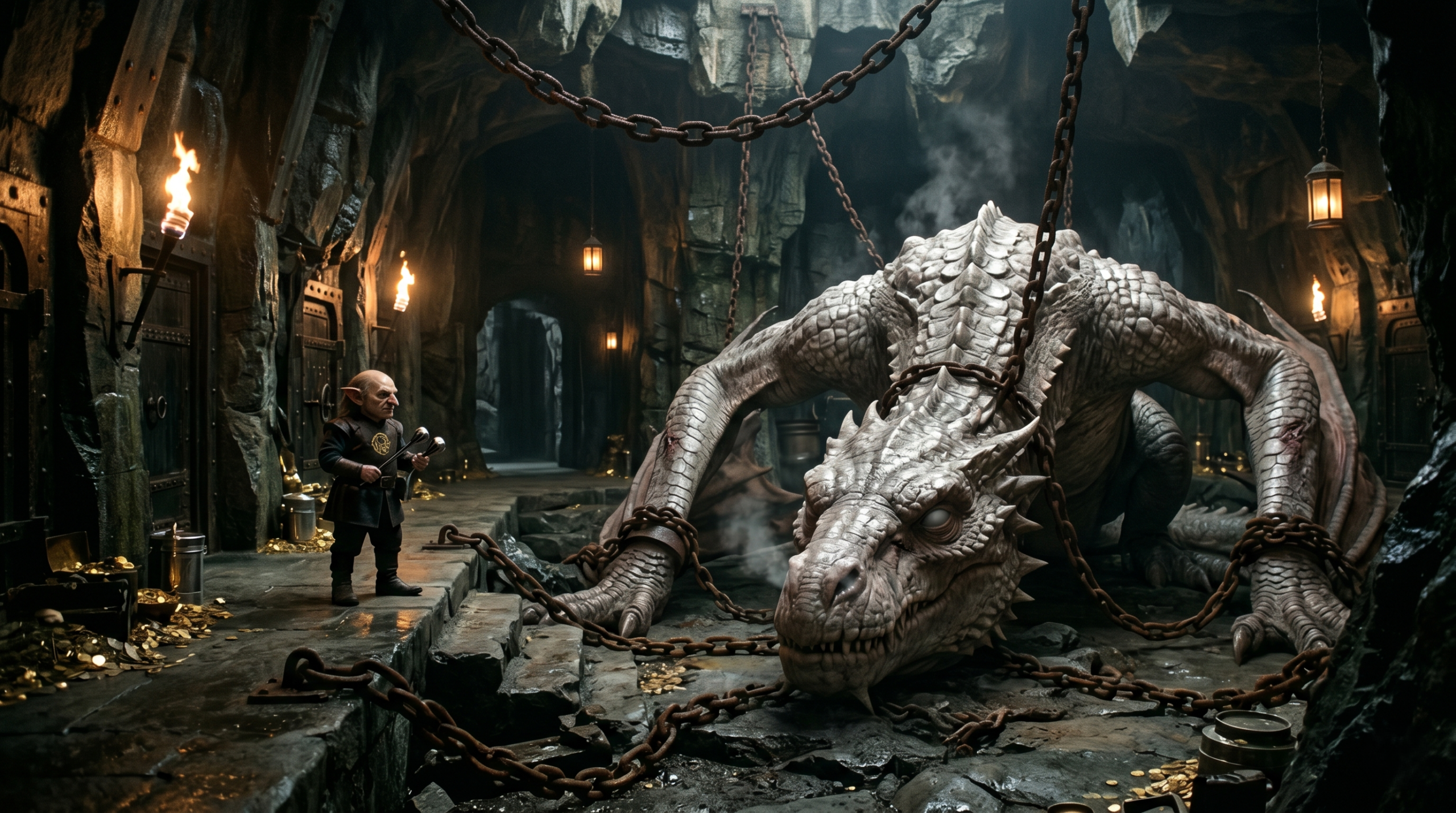 A blind Ukrainian Ironbelly dragon captive and chained in Gringotts vaults, illustrating Ministry of Magic XXXXX classification in Harry Potter.