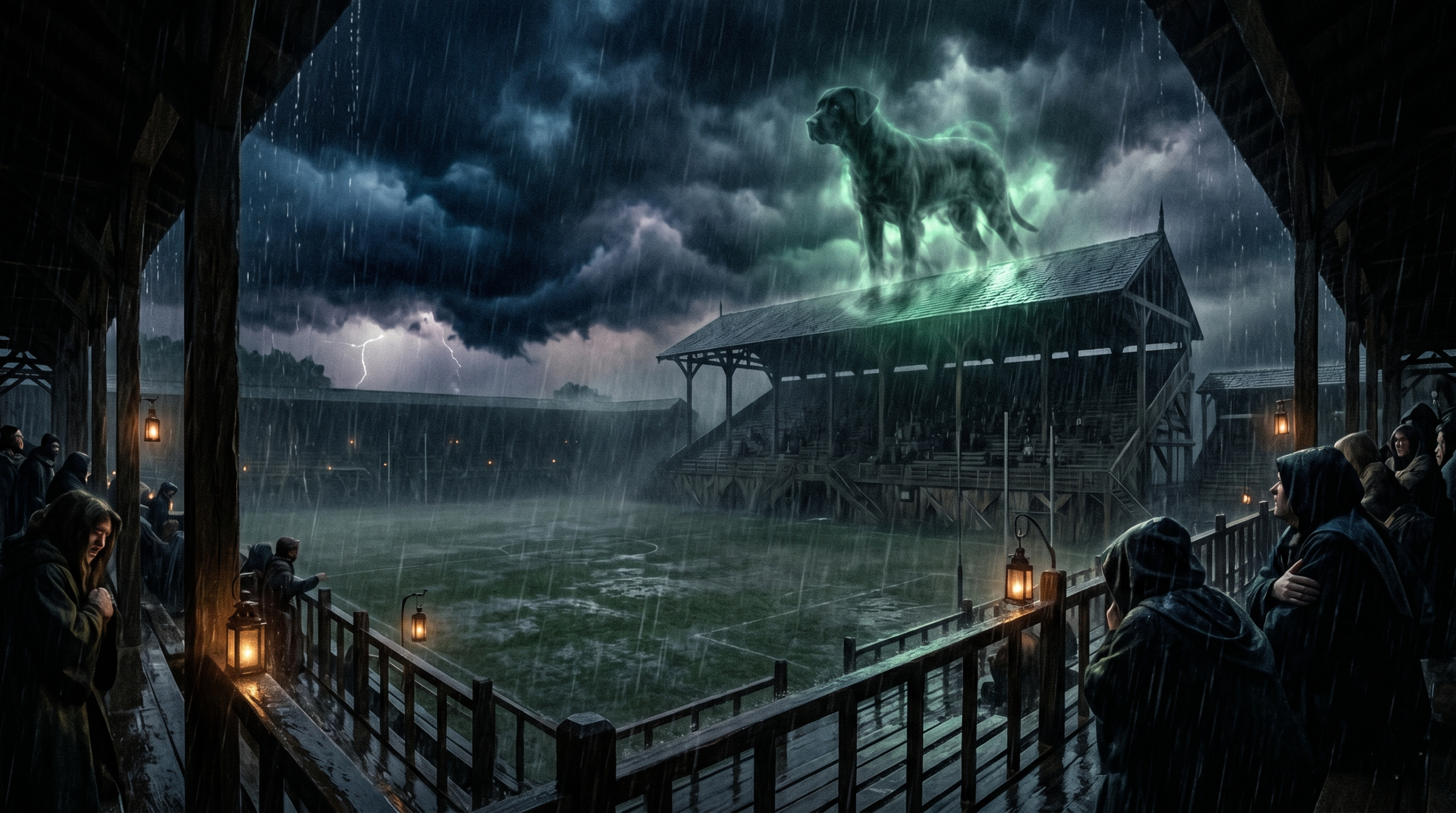 A dramatic visualization of a true spectral Death Omen appearing over the Hogwarts Quidditch pitch.