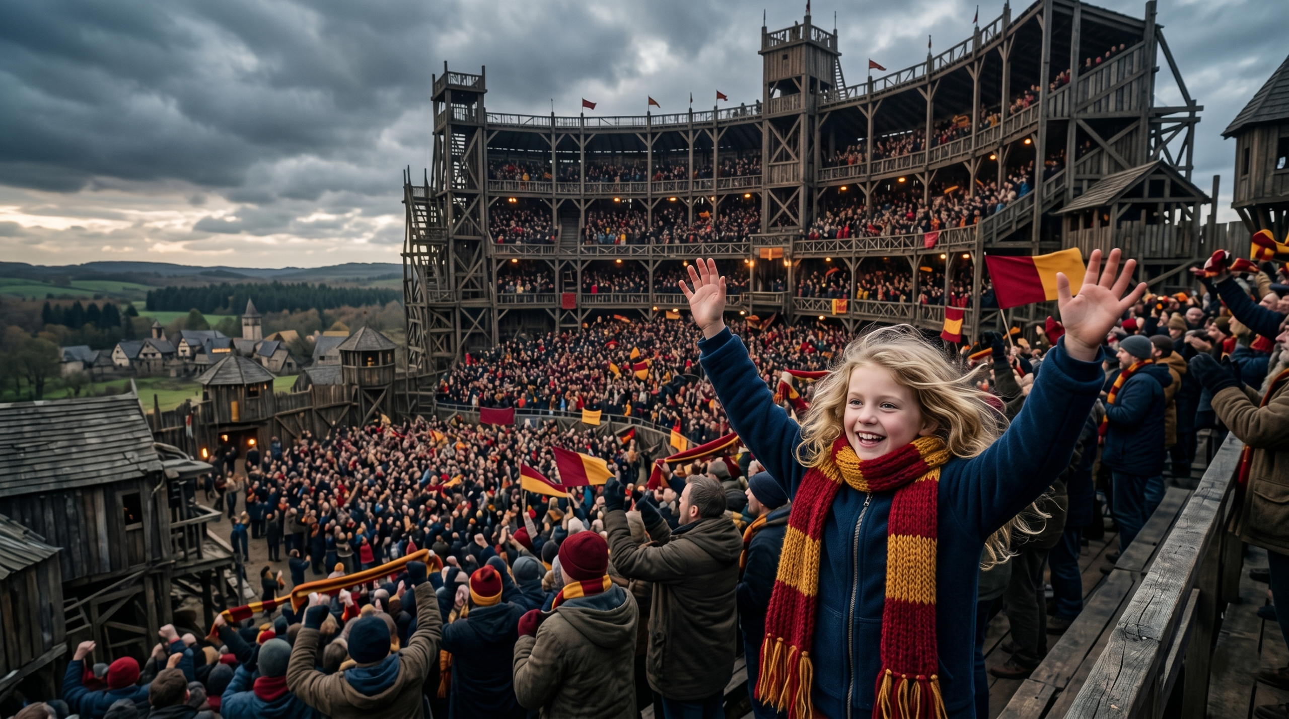 A young blonde girl wearing a red and gold scarf cheering loudly in a magical sports stadium crowd.