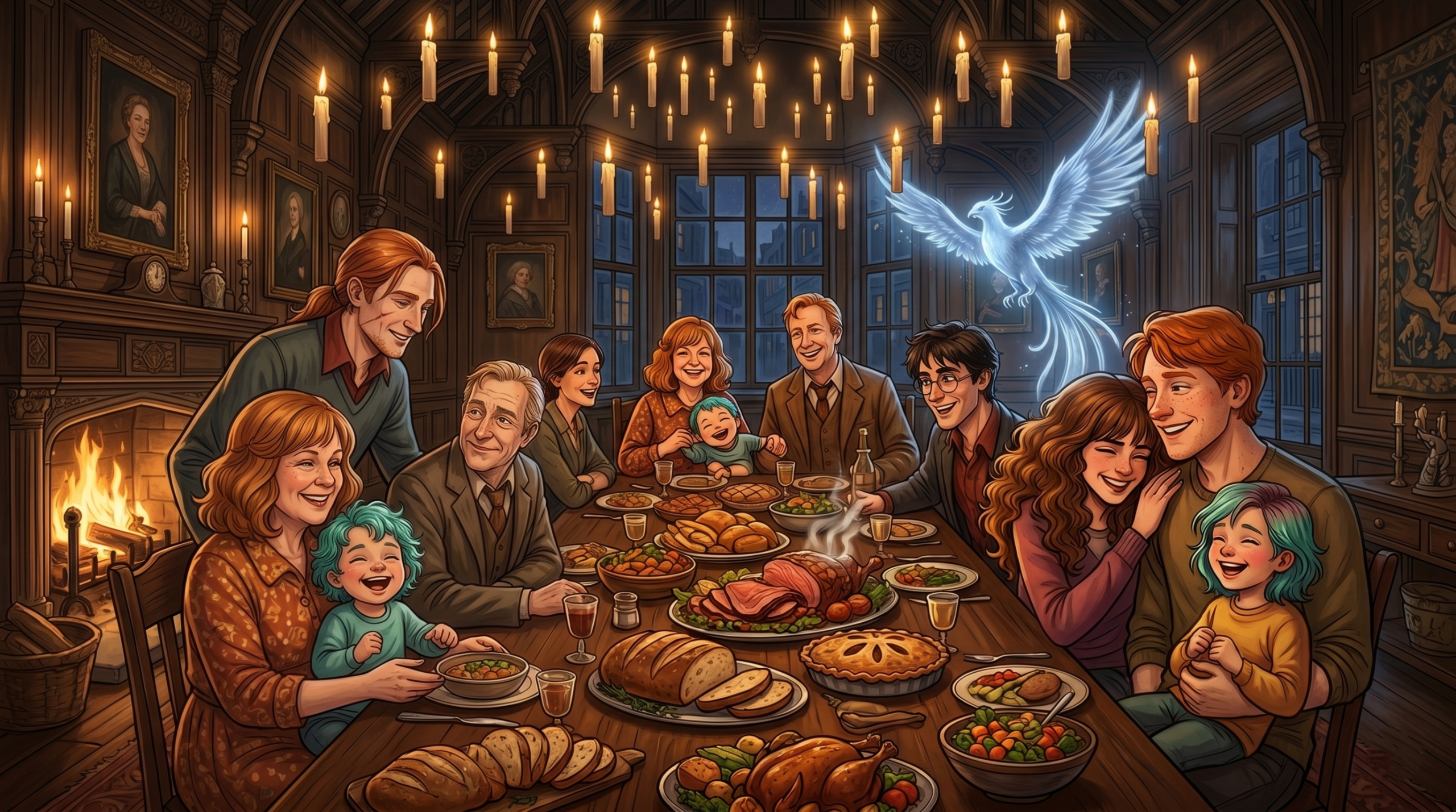 Harry Potter with the Weasley family enjoying a heartfelt Sunday dinner at Grimmauld Place