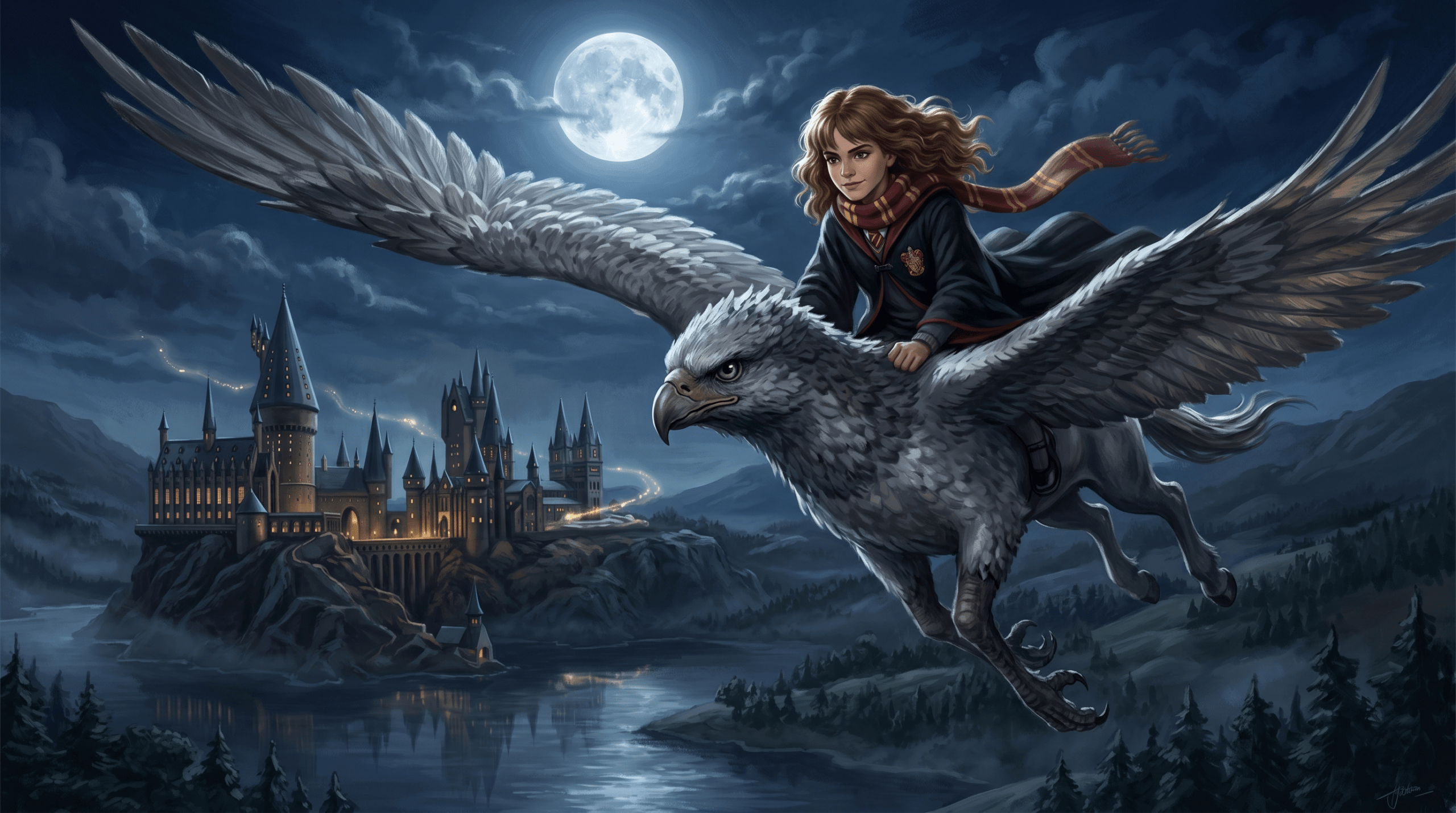 Hermione Granger flying on Buckbeak in Harry Potter and the Prisoner of Azkaban movie scene