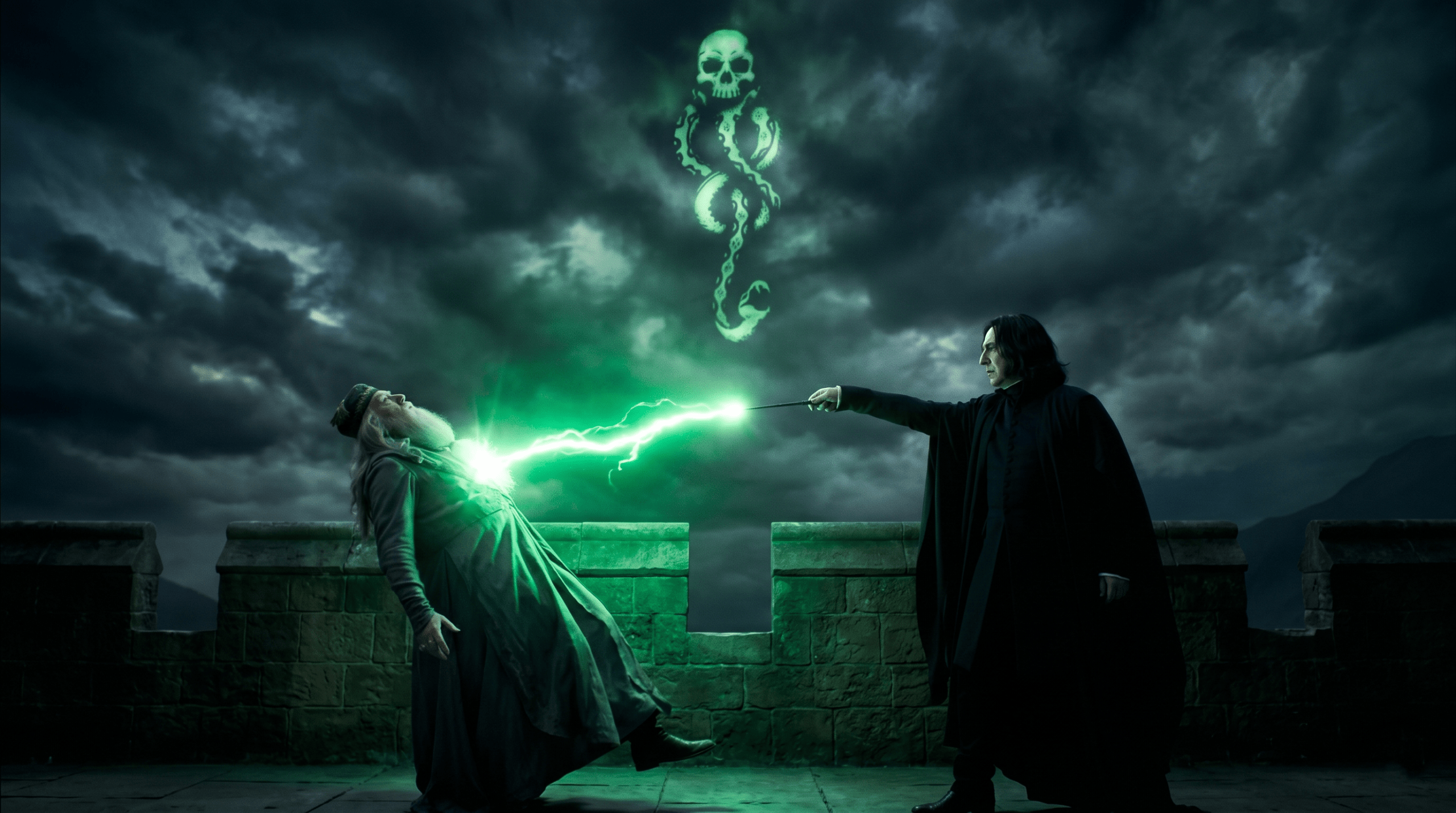 Dramatic depiction of Severus Snape casting the Killing Curse on Albus Dumbledore at the top of the Astronomy Tower.