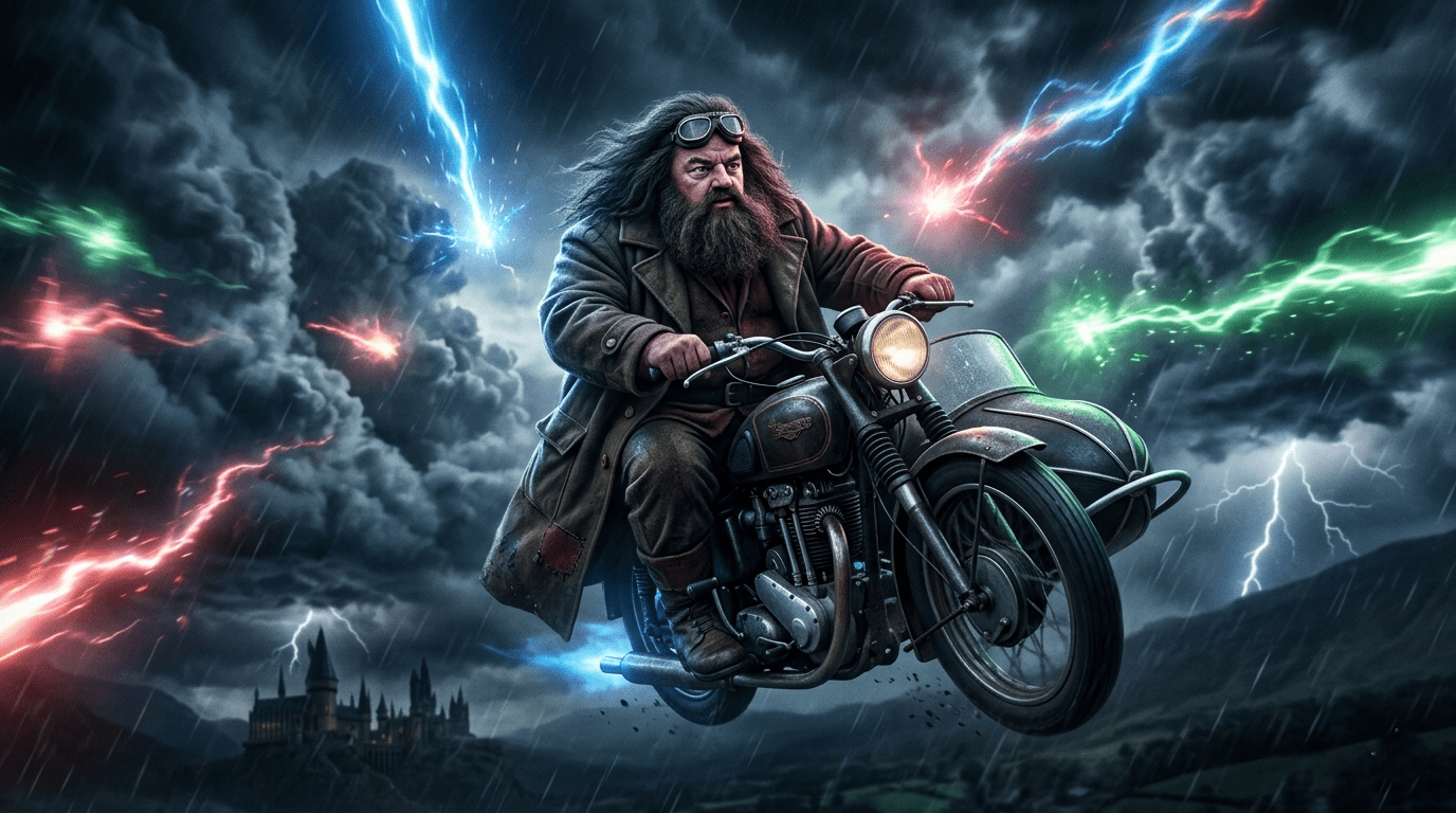 Hagrid riding a flying motorcycle during the Battle of the Seven Potters to protect Harry Potter.