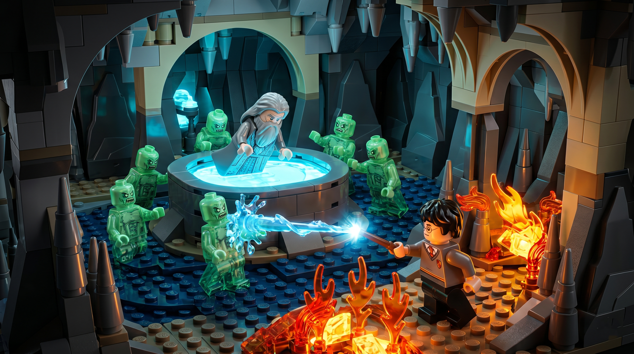 SEO-friendly image description: Dramatic LEGO scene from Harry Potter 5-7 years game walkthrough showing Dumbledore and Harry in the cave battling Inferi with water and fire spells, rich in detail and lighting.
