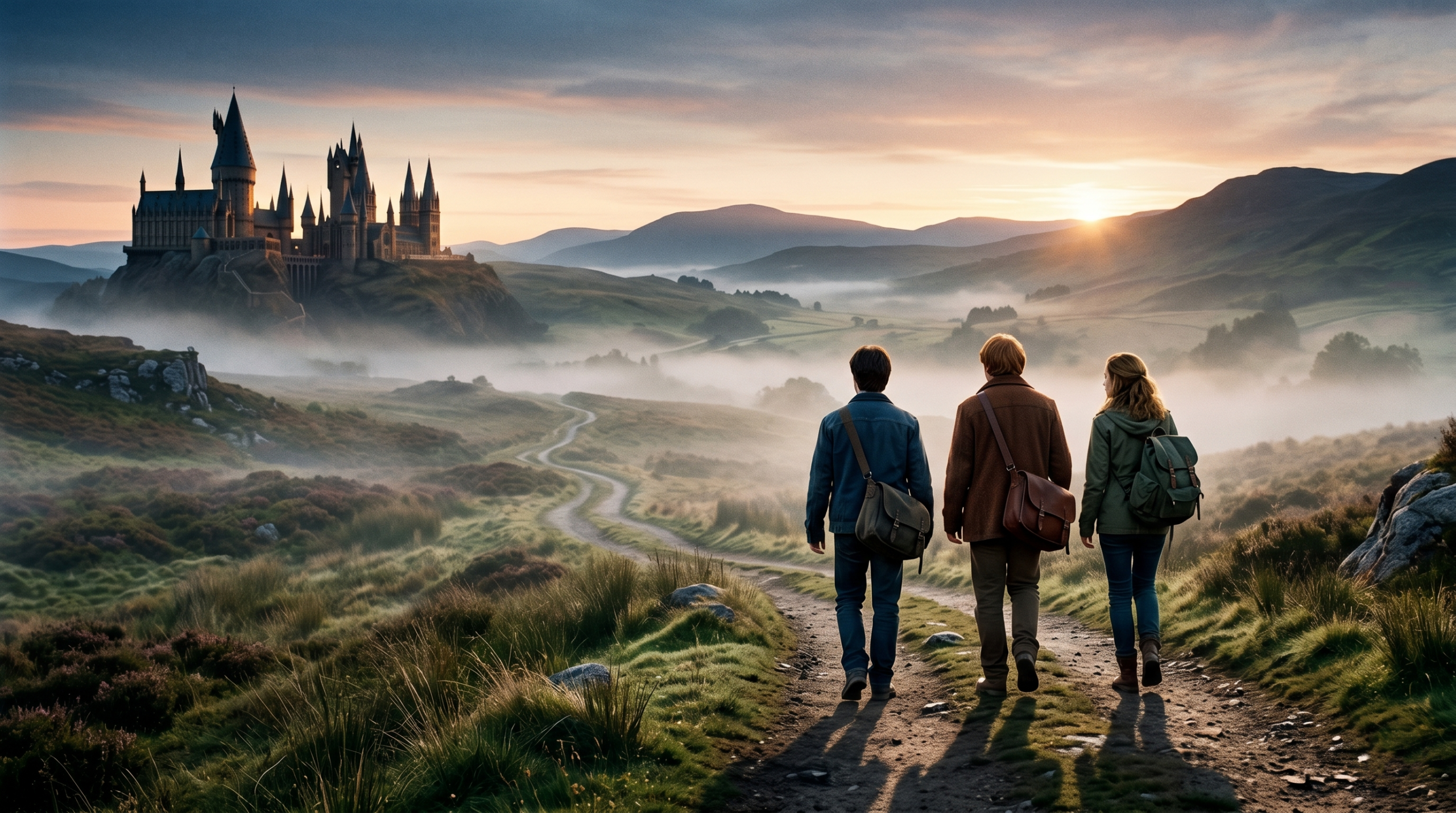 Harry, Ron, and Hermione walking away from Hogwarts castle into the countryside, symbolizing the start of their Horcrux hunt after Dumbledore's death.