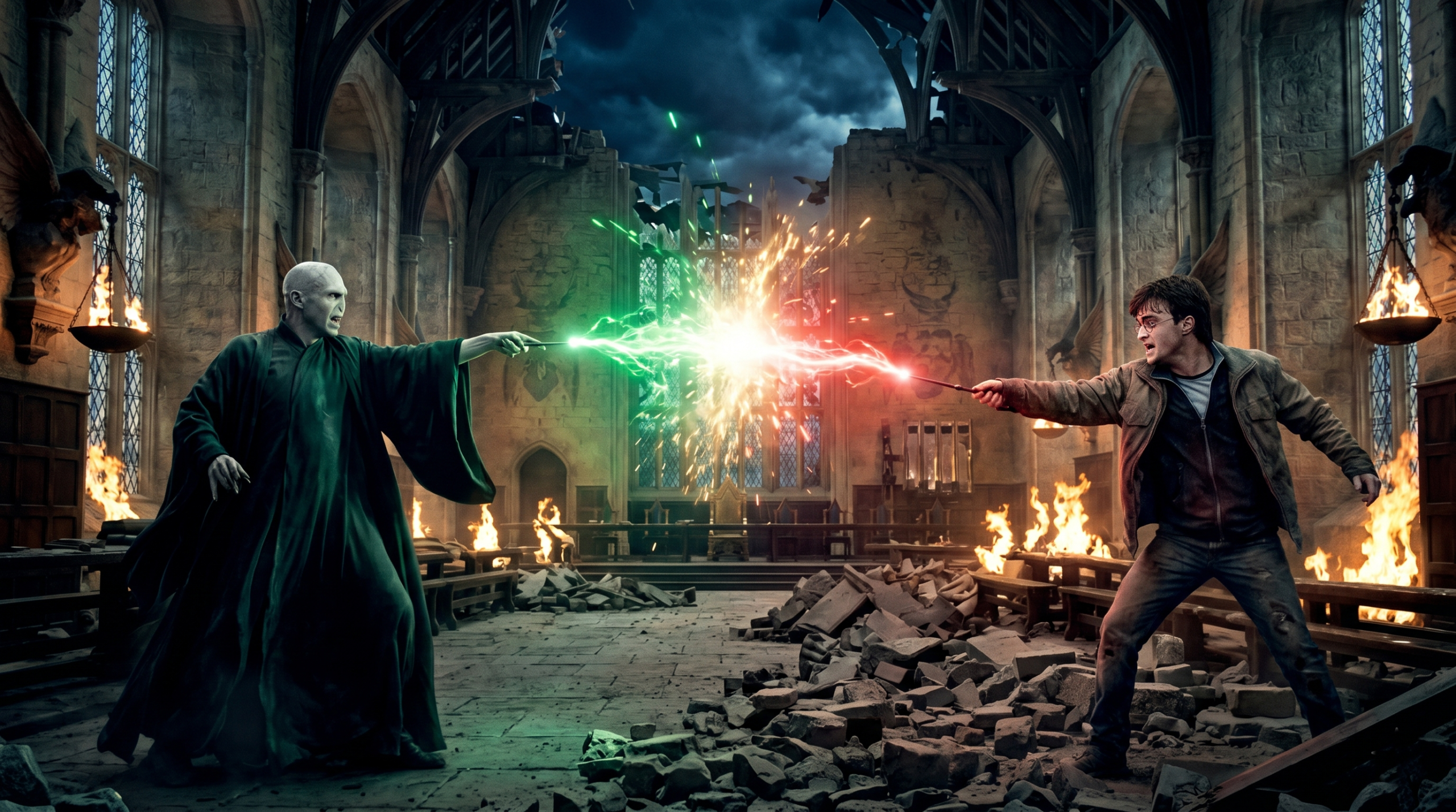 Lord Voldemort vs Harry Potter final battle at Hogwarts