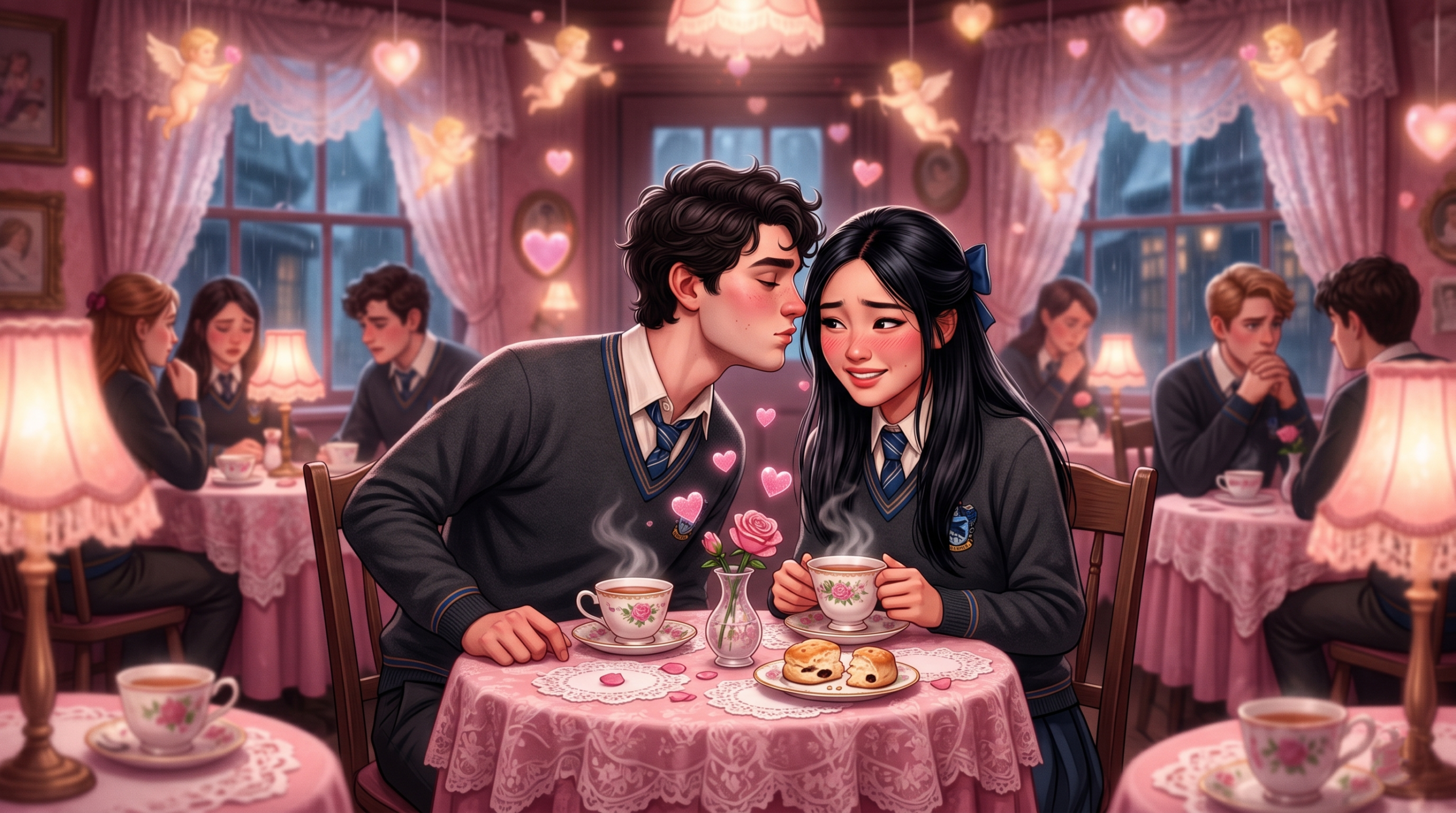 Roger Davies and Cho Chang on a date at Madam Puddifoot’s Tea Shop