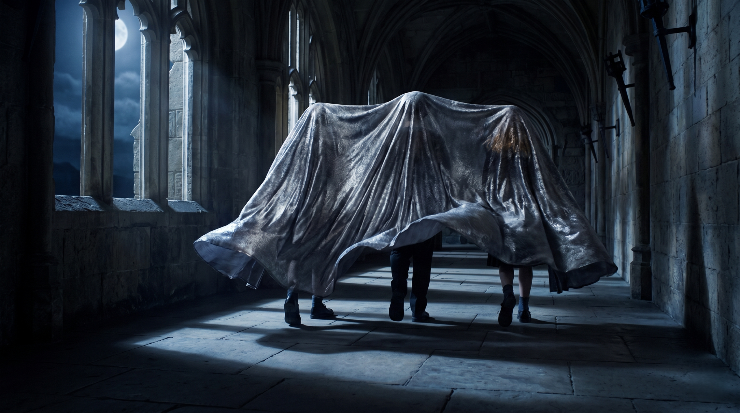 Harry, Ron and Hermione using the Harry Potter Disappearing Cloak while sneaking through Hogwarts