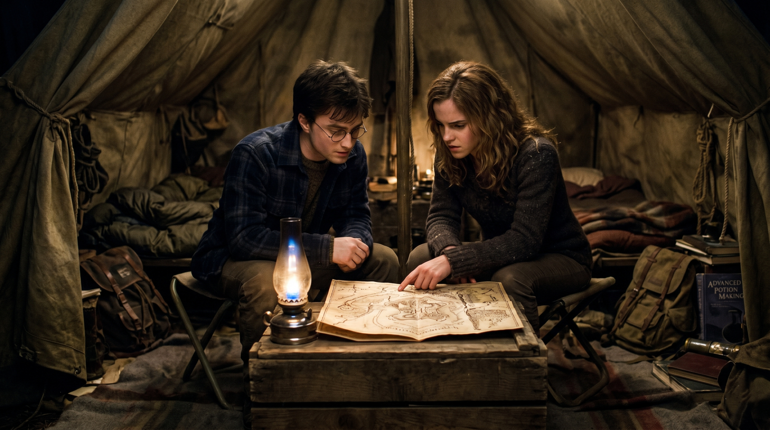 Harry and Hermione looking at a magical map inside their tent at night symbolizing canon divergence fanfiction themes.