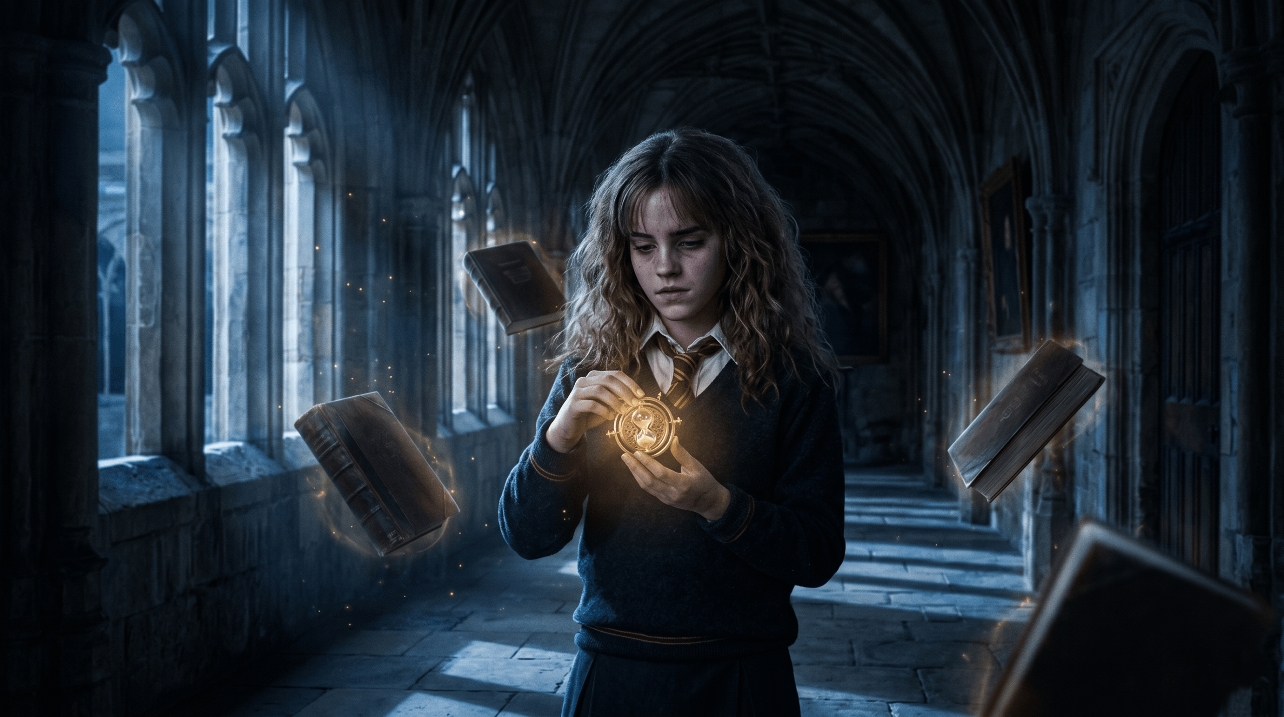 Hermione Granger using the Time-Turner while managing heavy class schedule in Prisoner of Azkaban