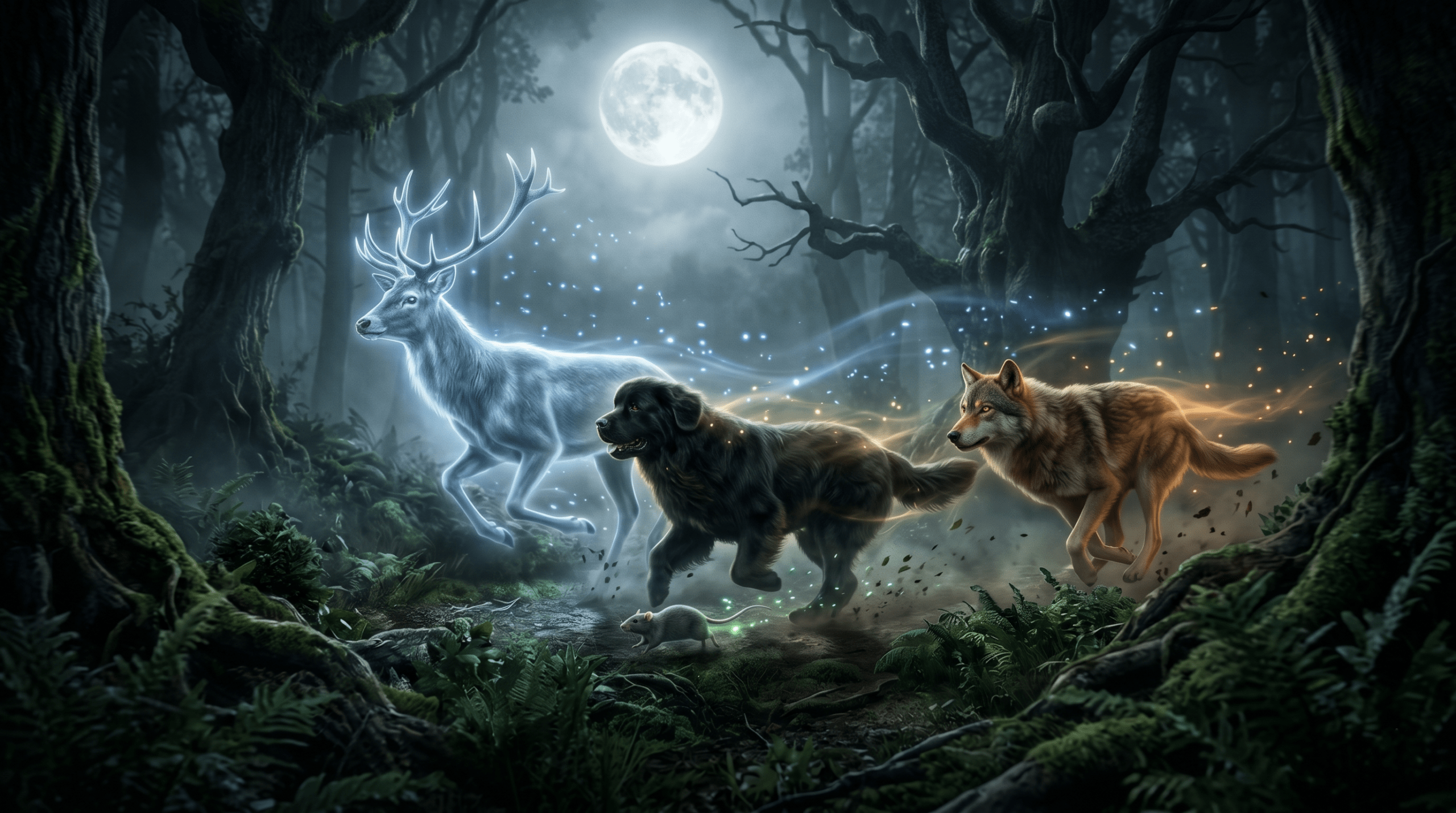 The Marauders as Animagi roaming together at Hogwarts