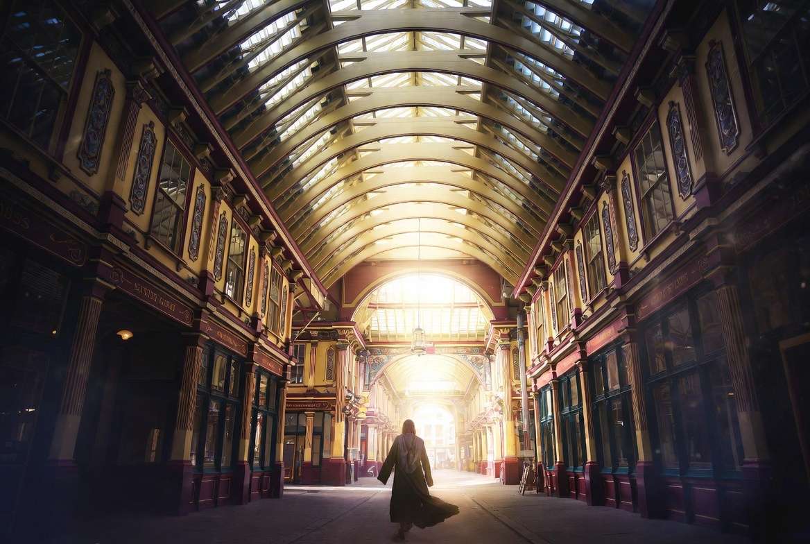 Wizard walking through Leadenhall Market Harry Potter real location