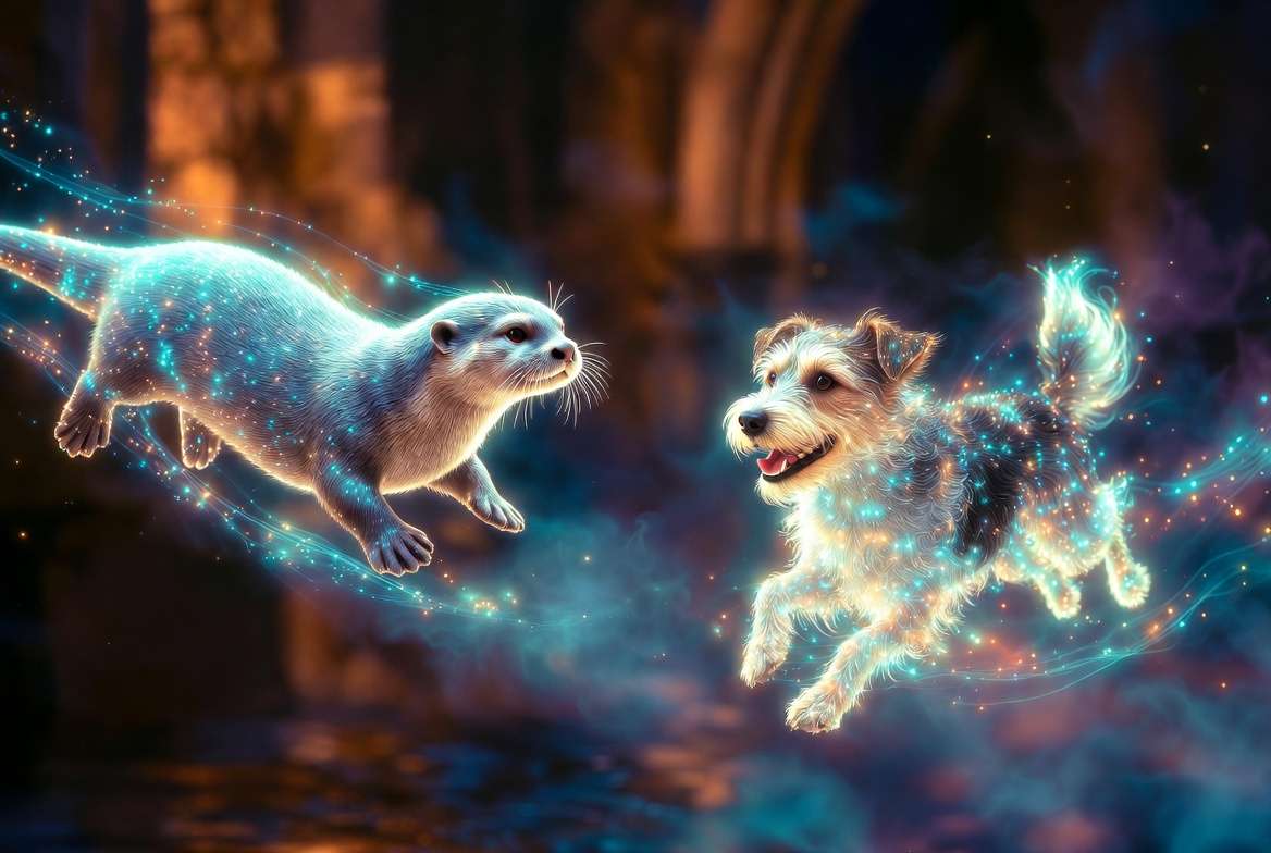 Hermione’s otter Patronus and Ron’s Jack Russell Terrier Patronus together