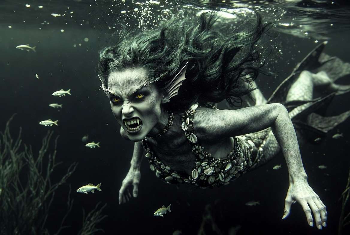 Merpeople Harry Potter Black Lake colony member with grey skin and yellow eyes