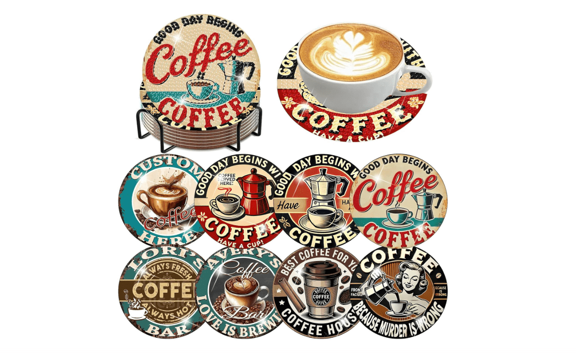 Diamond Painting Coasters Set of 8 – Cute Coffee Diamond Art Coasters with Holder Cork Pads Gem Art Dots Paintings Crafts Supplies for Adults Beginners 