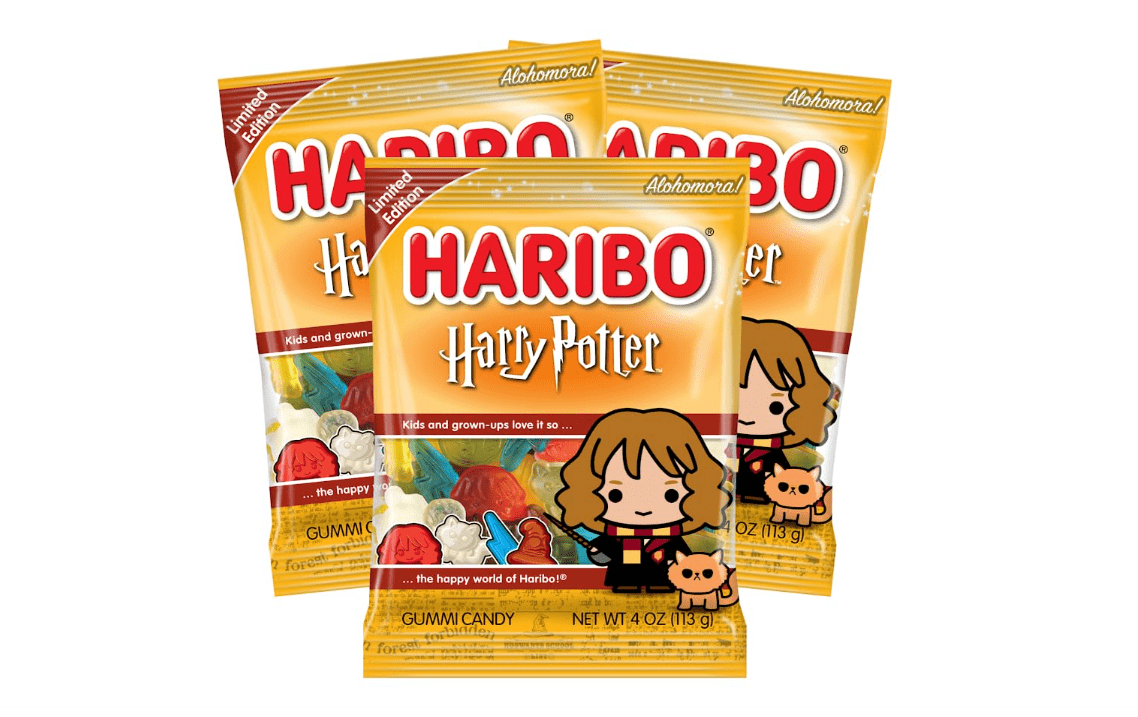 Haribo Pack of 3 Hermione Harry Potter Halloween Gummy Candy 4 oz Fruity Chewy Treats with Wizarding World Shapes Party Favors 