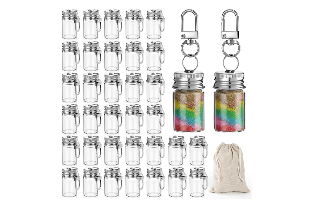 Baemin 36 Pcs Keychain Small Glass Bottles, Loose Pack Mini Spice/Wish/Potion Bottles, DIY Craft Gifts, Includes Storage Cotton Bag, 7ml, Clear
