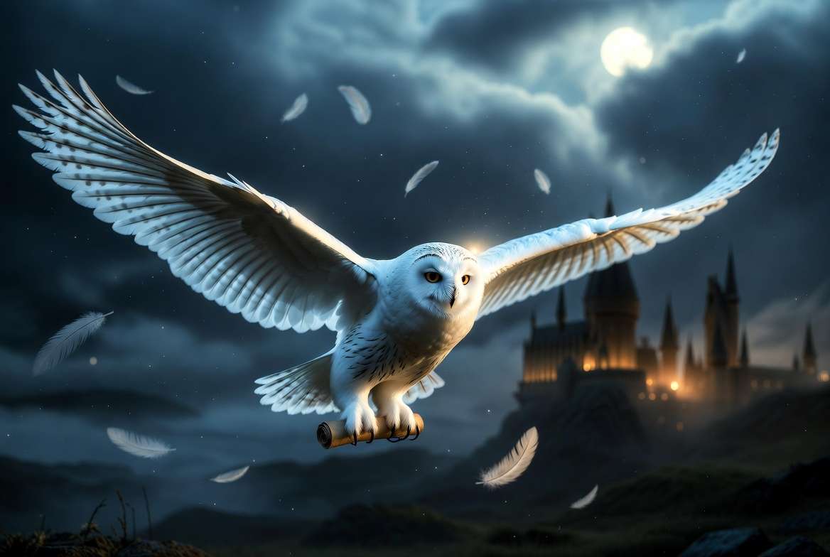 Hedwig the snowy owl flying at night with a letter in Harry Potter