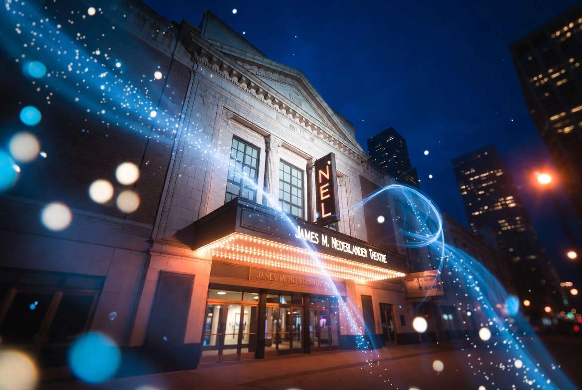 Exterior of James M. Nederlander Theatre Chicago at night for Harry Potter and the Cursed Child