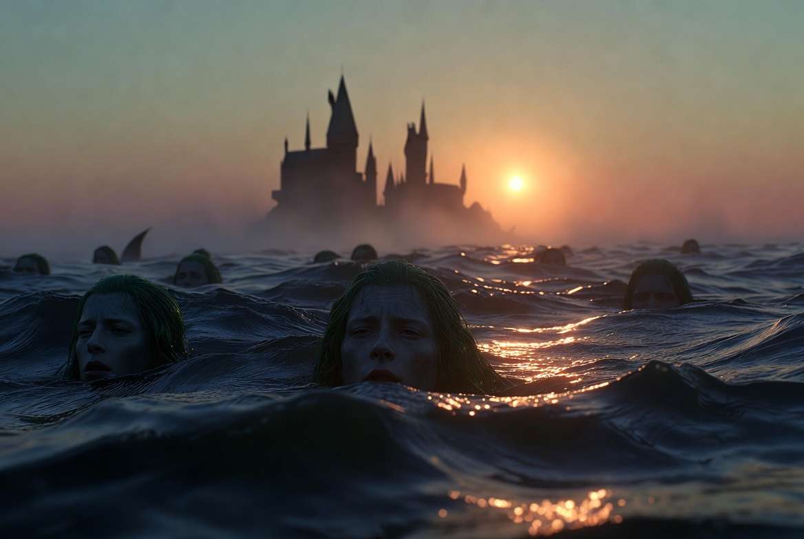 Merpeople at Dumbledore’s funeral Black Lake Harry Potter scene