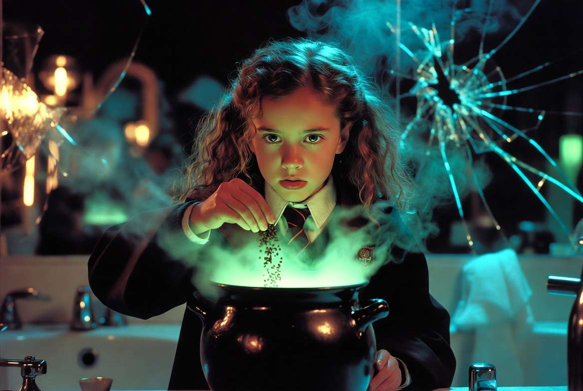 Hermione Granger brewing Polyjuice Potion in Chamber of Secrets