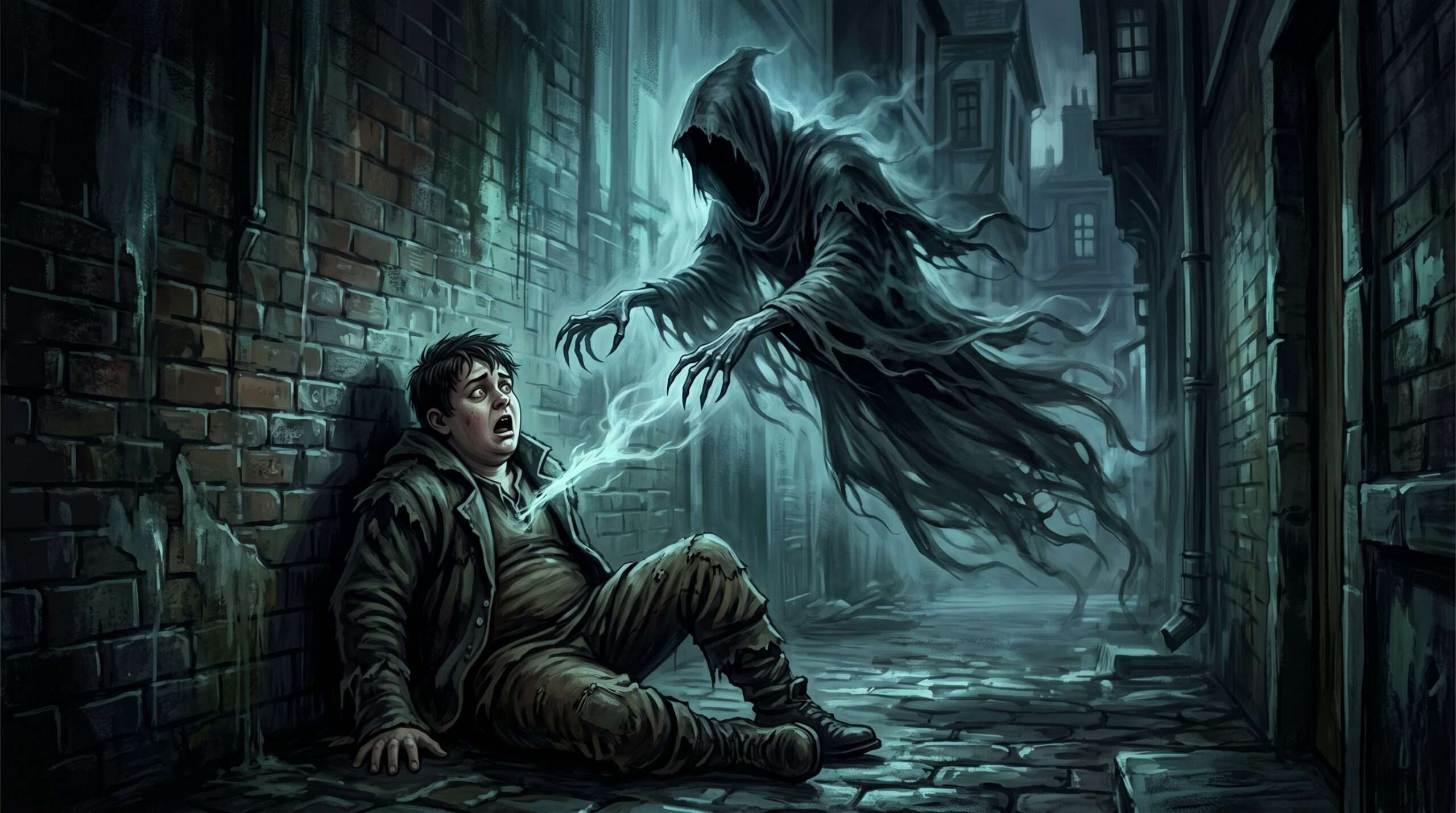 A cloaked Dementor attacks Dudley Dursley in a dark alley in Little Whinging.