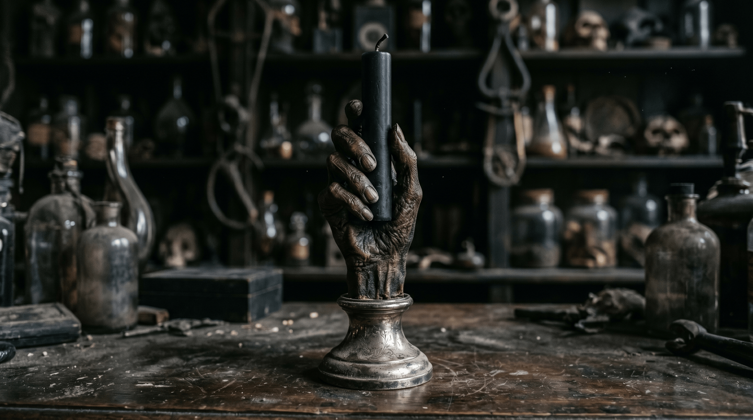 A detailed macro view of the Hand of Glory, a preserved human hand holding a candle, inside Borgin and Burkes.
