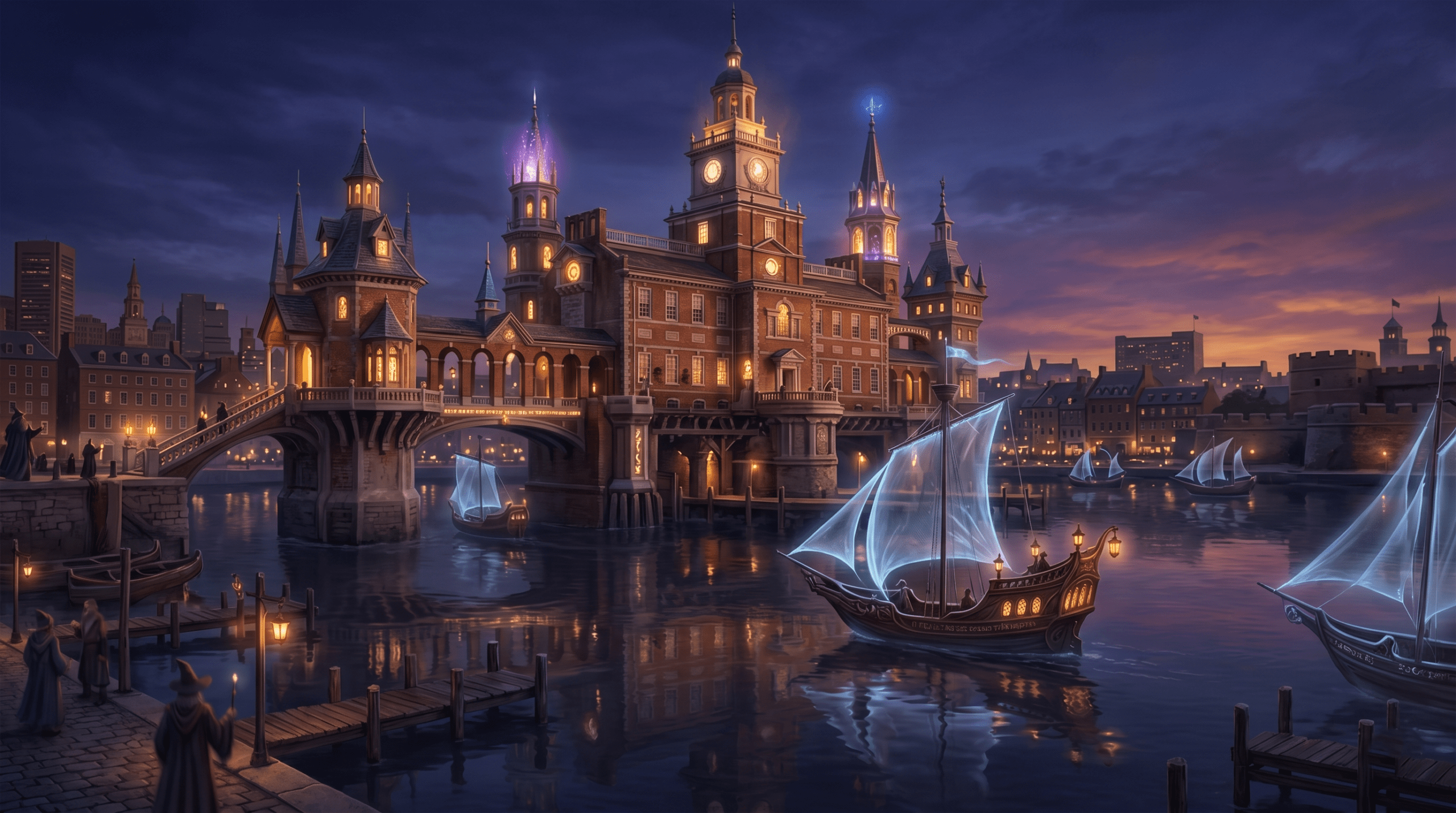 Conceptual rendering of an alternate timeline Baltimore if it had remained the magical capital, showing enchanted wizarding ships and maritime magic.