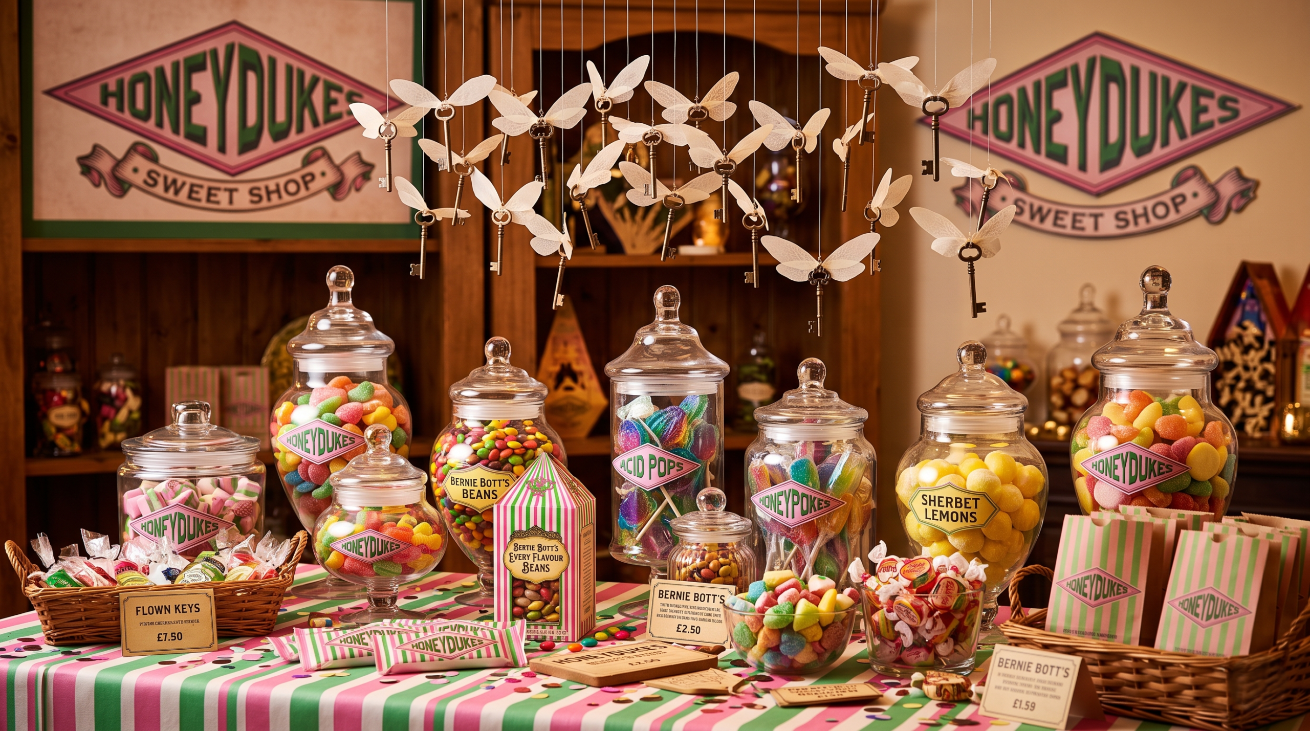 Colorful Honeydukes sweet shop display and winged keys for a Harry Potter party.