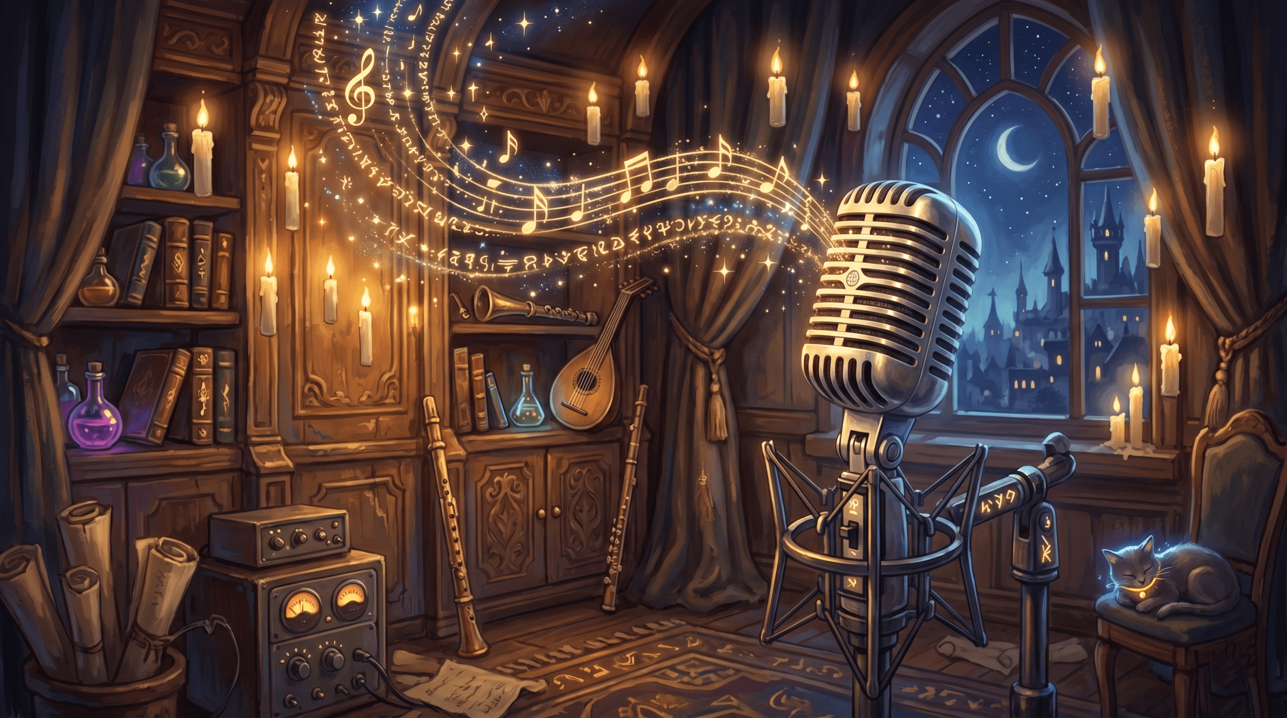 Whimsical fantasy art of a vintage recording microphone emitting golden magical sparks and script lines.