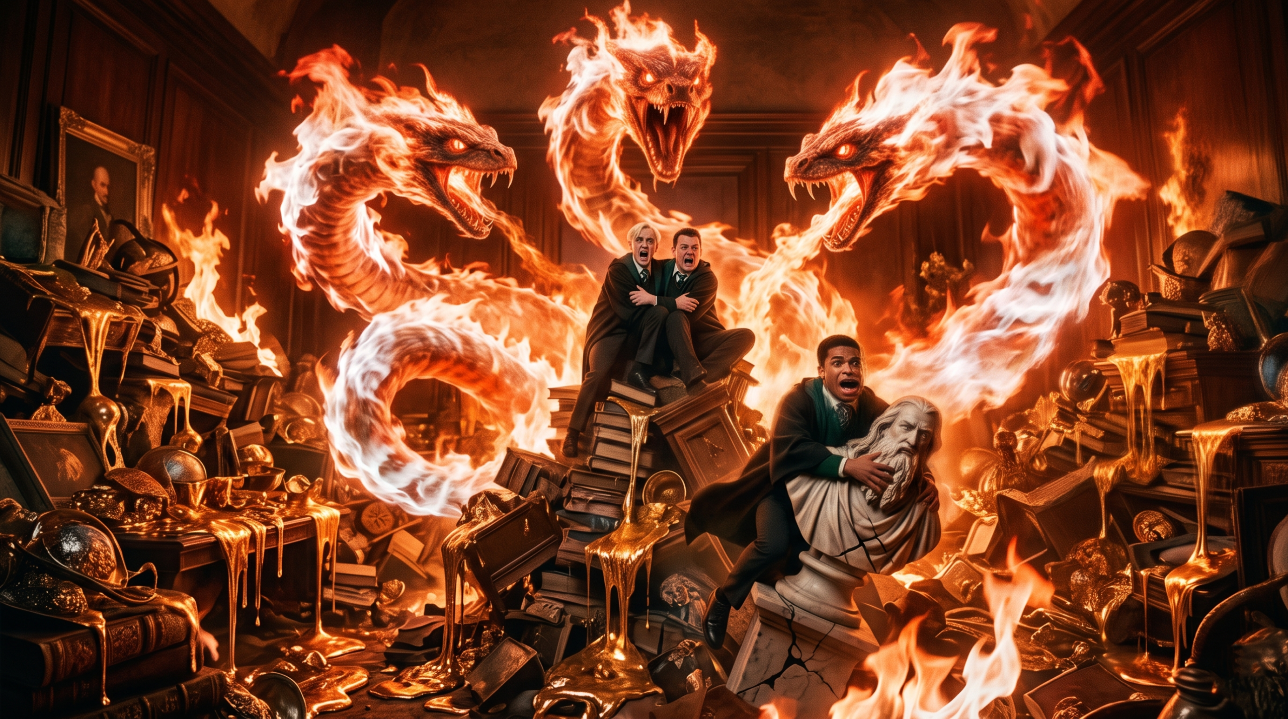 Catastrophic Room of Requirement fire with Draco Malfoy and Blaise Zabini escaping Fiendfyre.