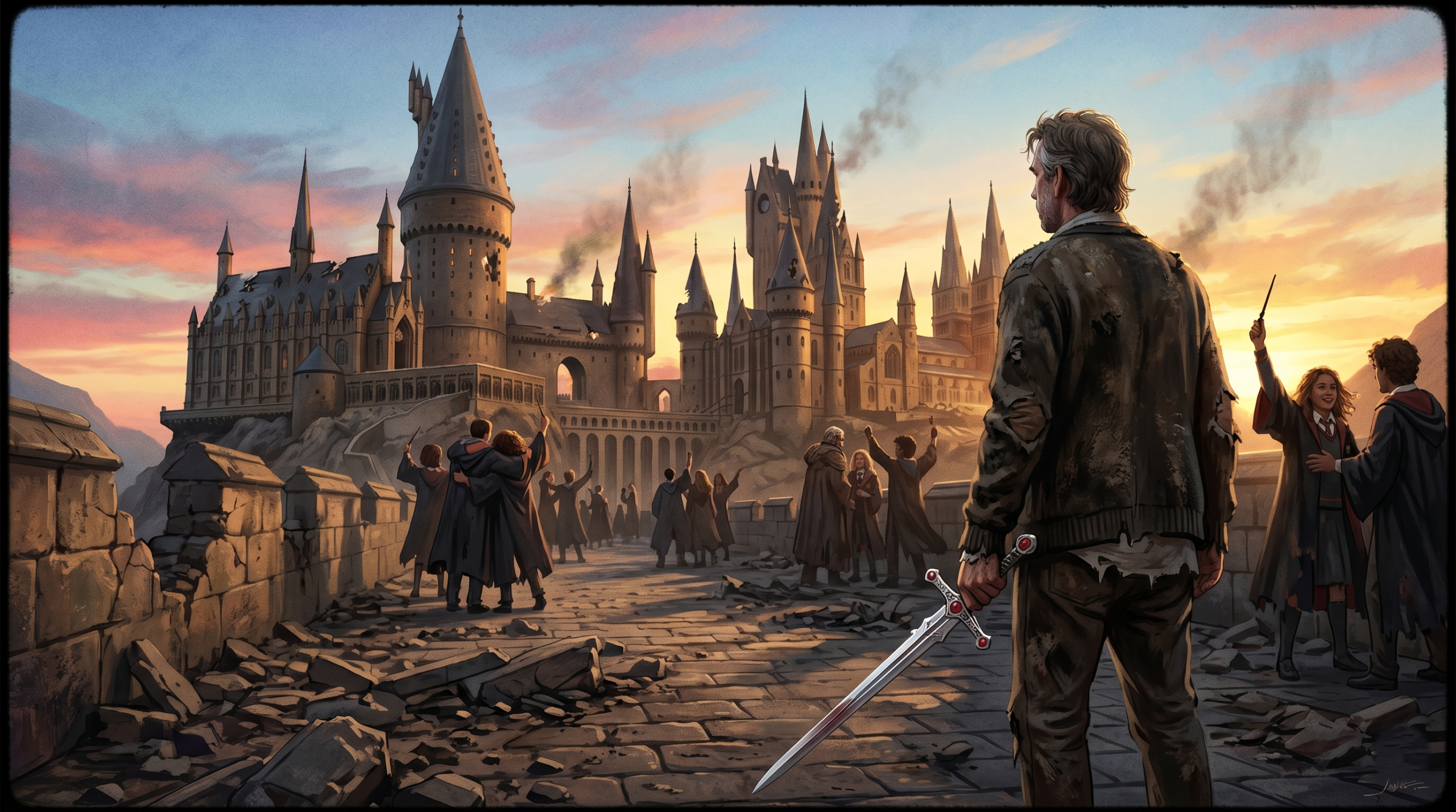 A cinematic illustration of Neville Longbottom holding the Sword of Gryffindor on the rubble of Hogwarts at dawn after the final battle.