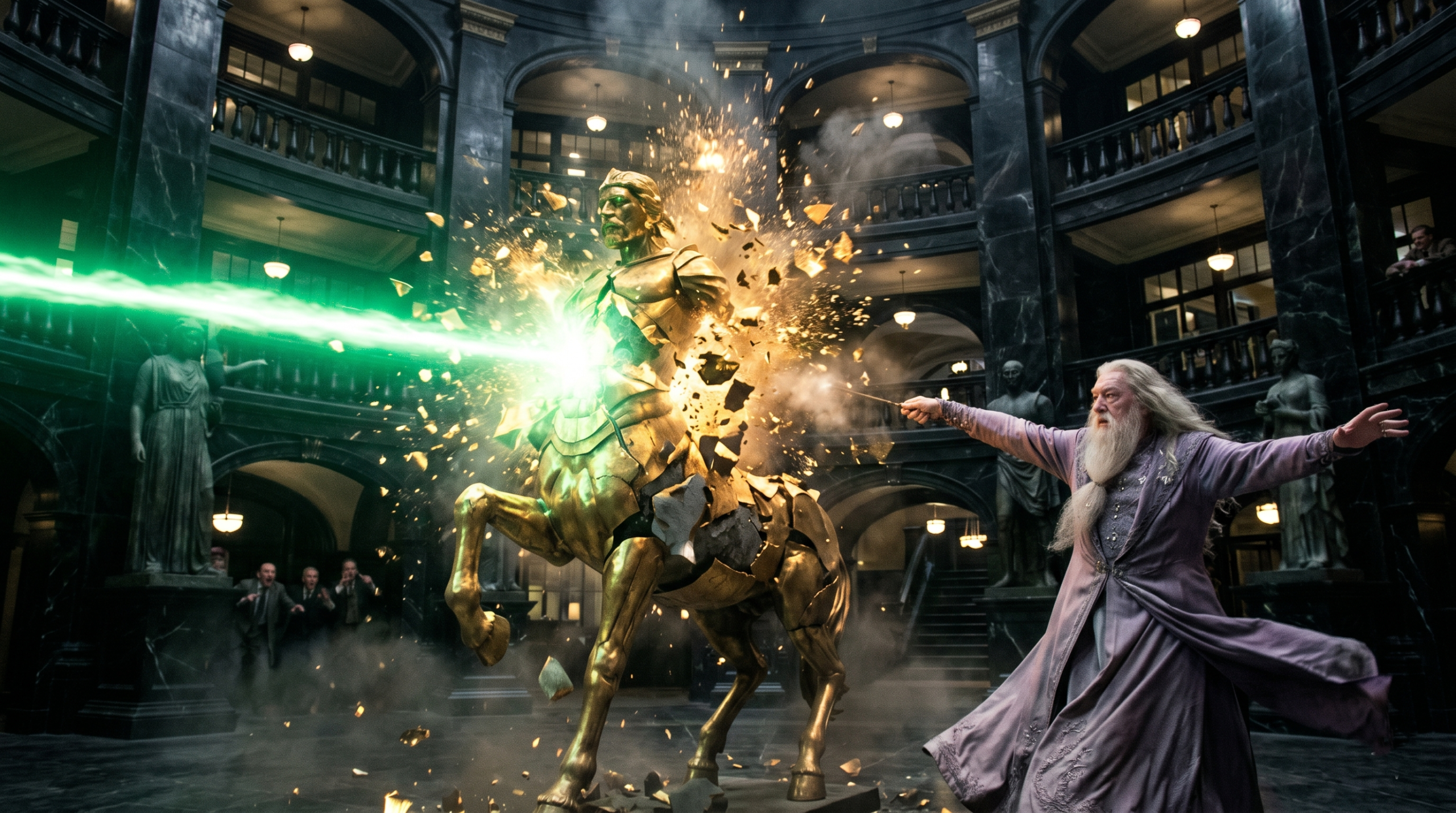 Albus Dumbledore's animated statue deflecting a Killing Curse beam in the Ministry of Magic Atrium.