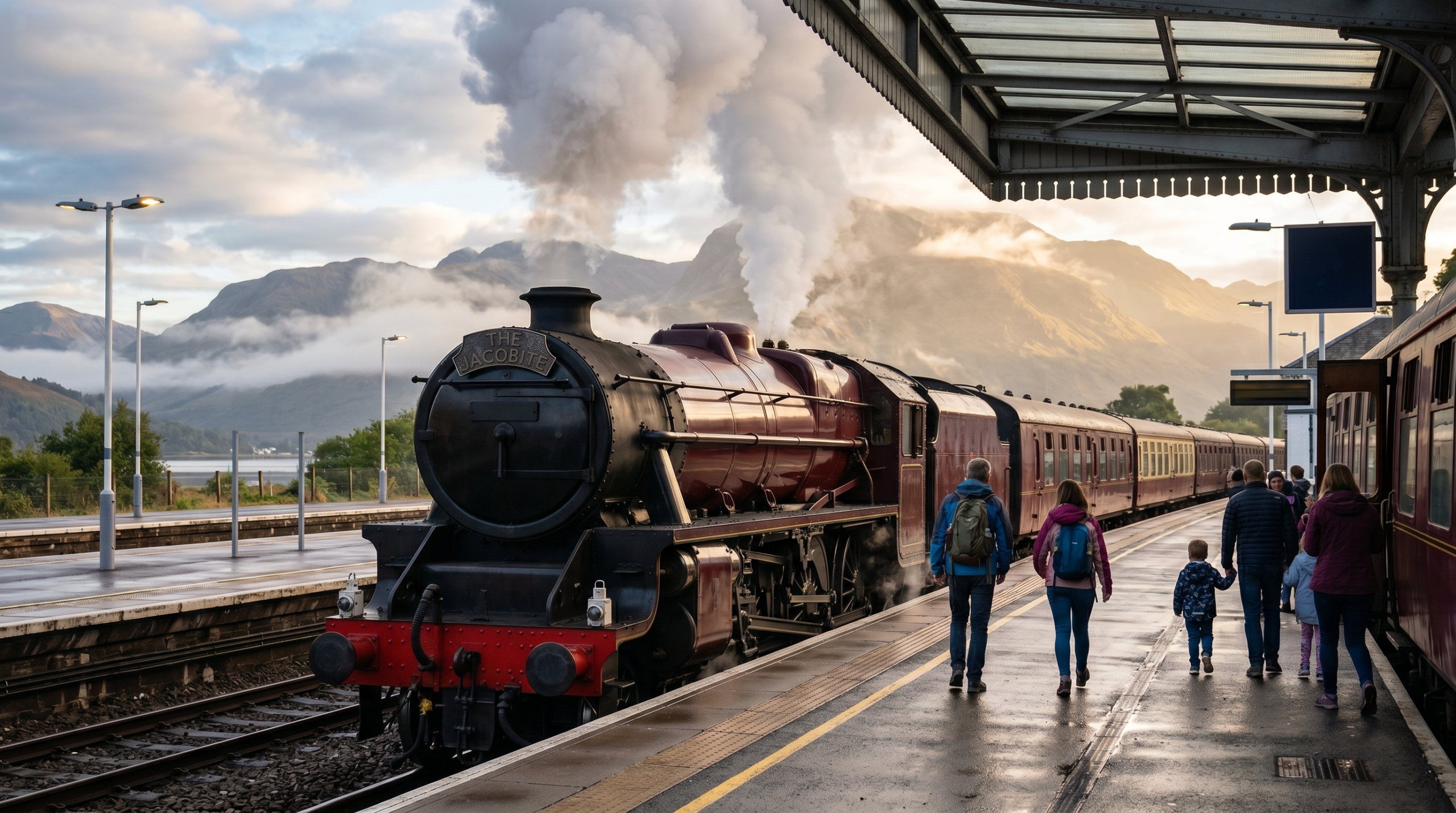 A vintage maroon Jacobite steam train idling at Fort William station platform in early morning steam.